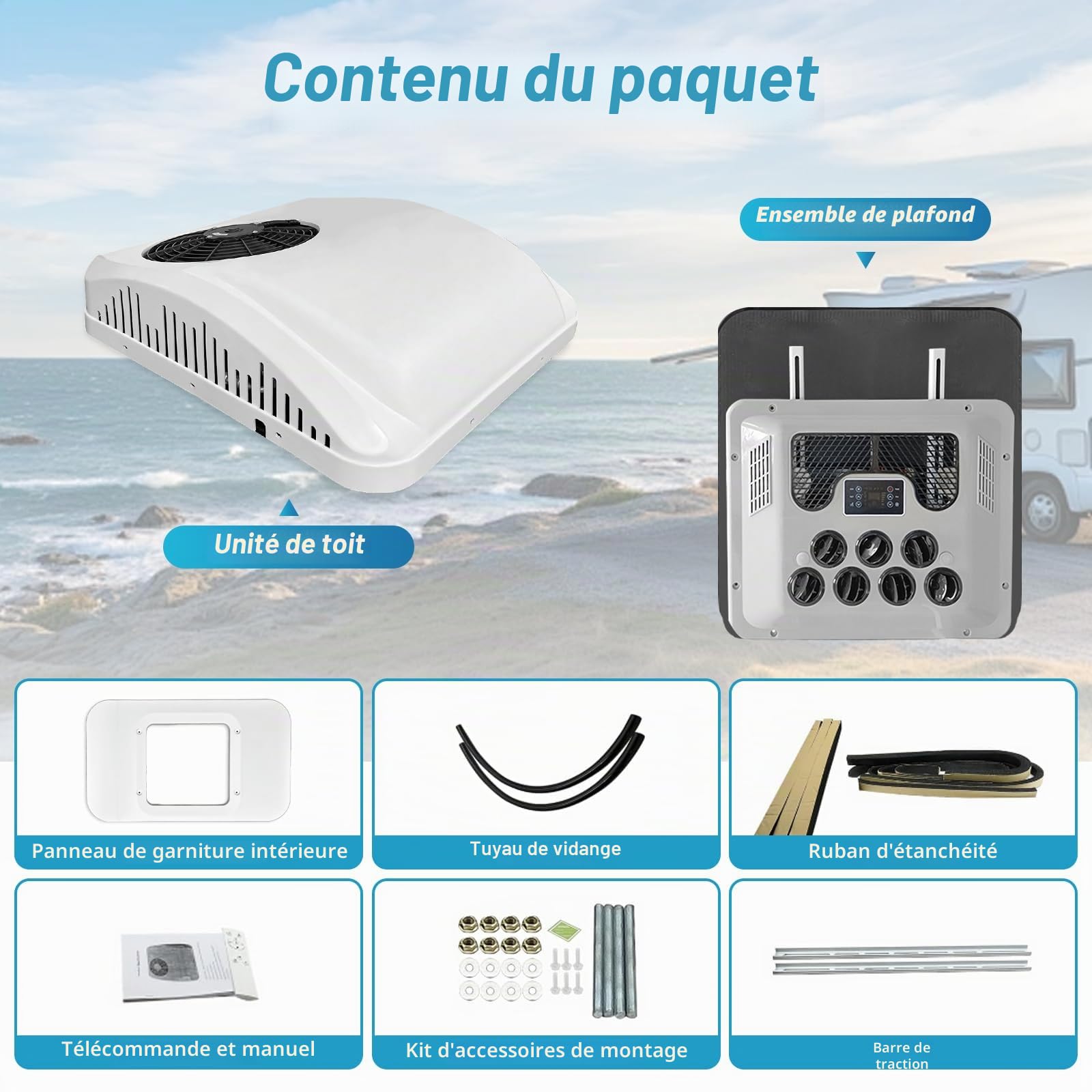 Climatiseur 12 V sur le toit avec chaleur 9 000 BTU 12 V AC unité de stationnement électrique convient pour caravane, camion, camping-car, caravane, camionnette, installation facile