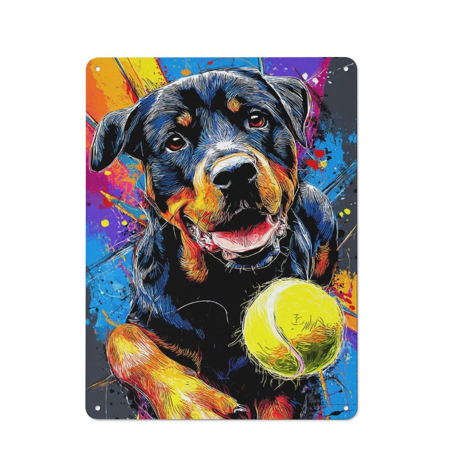 Junmoney Colorful Rottweiler With Tennis Ball -2 Rustic Tin Wall Sign 40X30cm, Kitchen Wall Decor For Bakery, Diner, Cafe Or Family Room