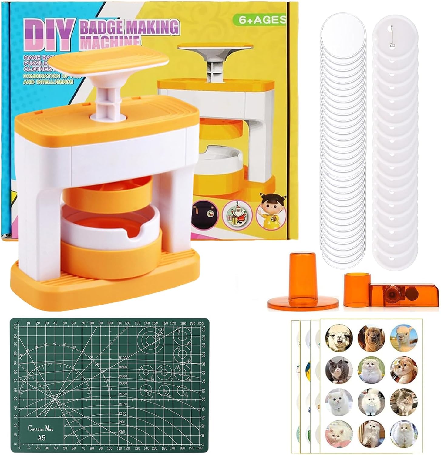Rntfunre Button Maker Machine,55mm(2.16inch) DIY ButtonPress Machine with 48Pcs Button MakerSupplies,Cutter,Cutting Board and Sticker for Kids Pin Maker Christmas Birthday Gift