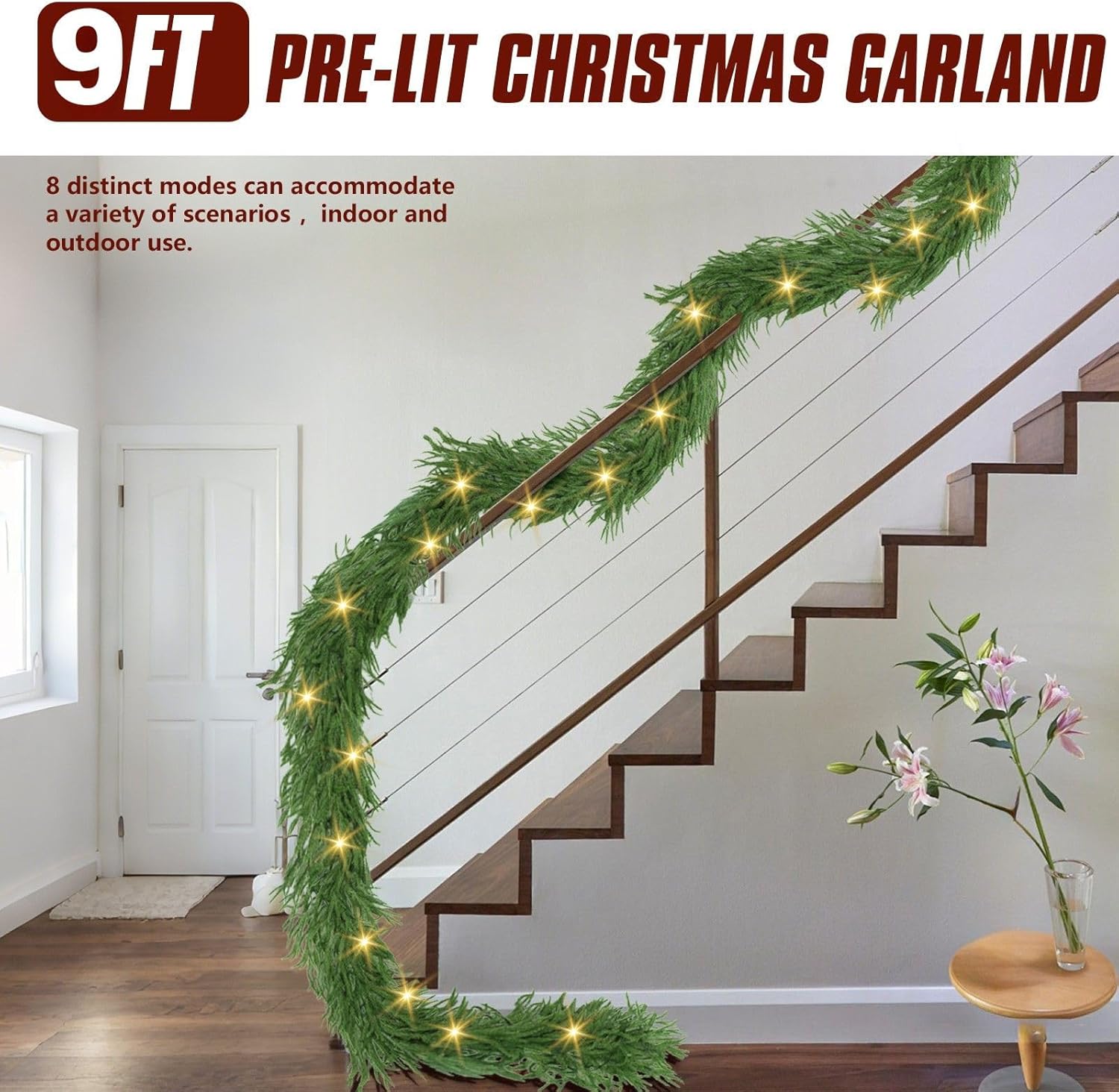 9FT Pre-lit Norfolk Pine Garland with 50 LED Lights – Extra Full 142 Branches Real Touch Artificial Christmas Garland for Fireplace, Stairs, Indoor Outdoor Holiday Winter Decor