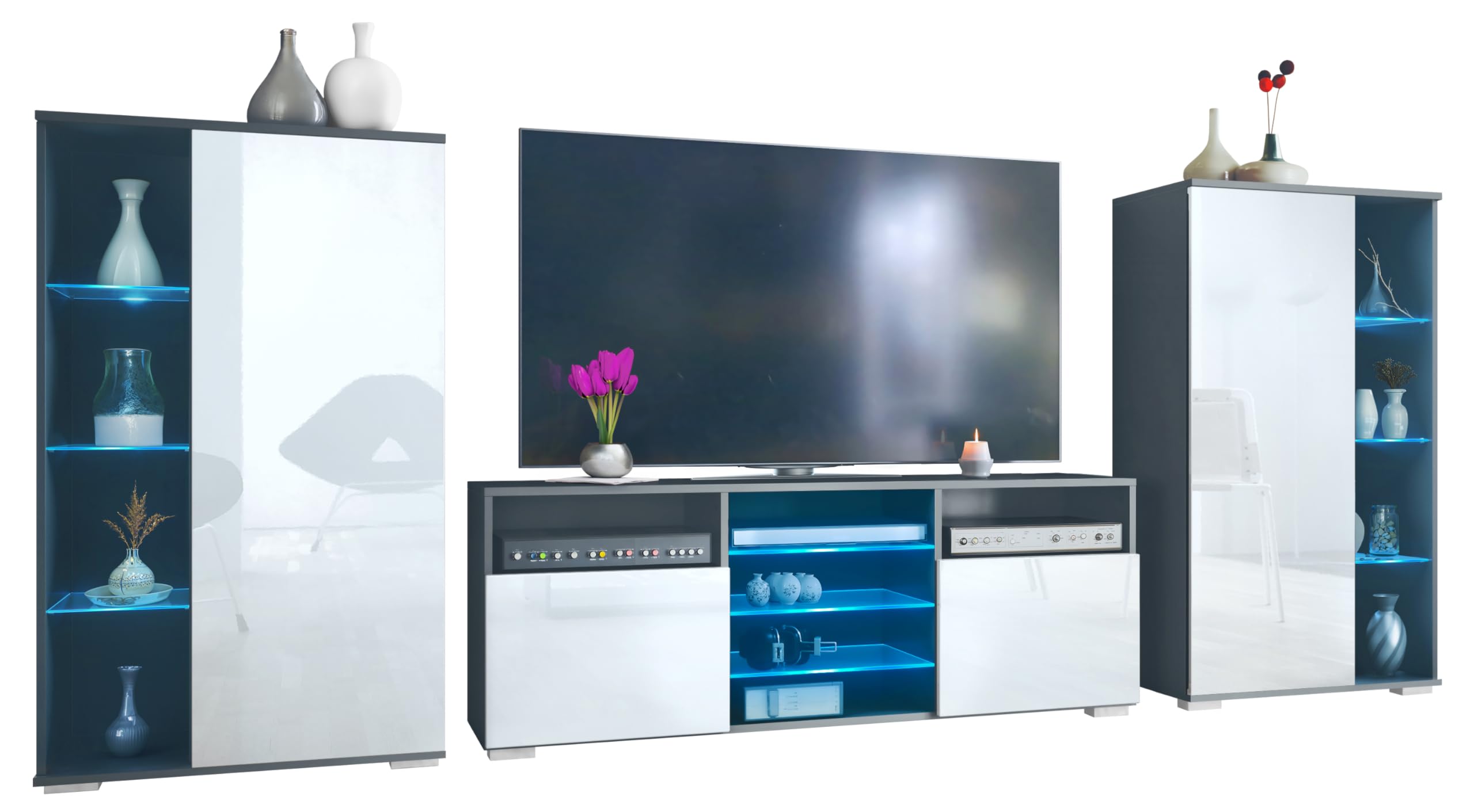 Vladon Ensemble Mural Davos pour Salon, Comprenant 2 vitrines et 1 Meuble TV, Anthracite Mat/Blanc Haute Brillance éclairage LED Inclus (329 x 134 x 35 cm)