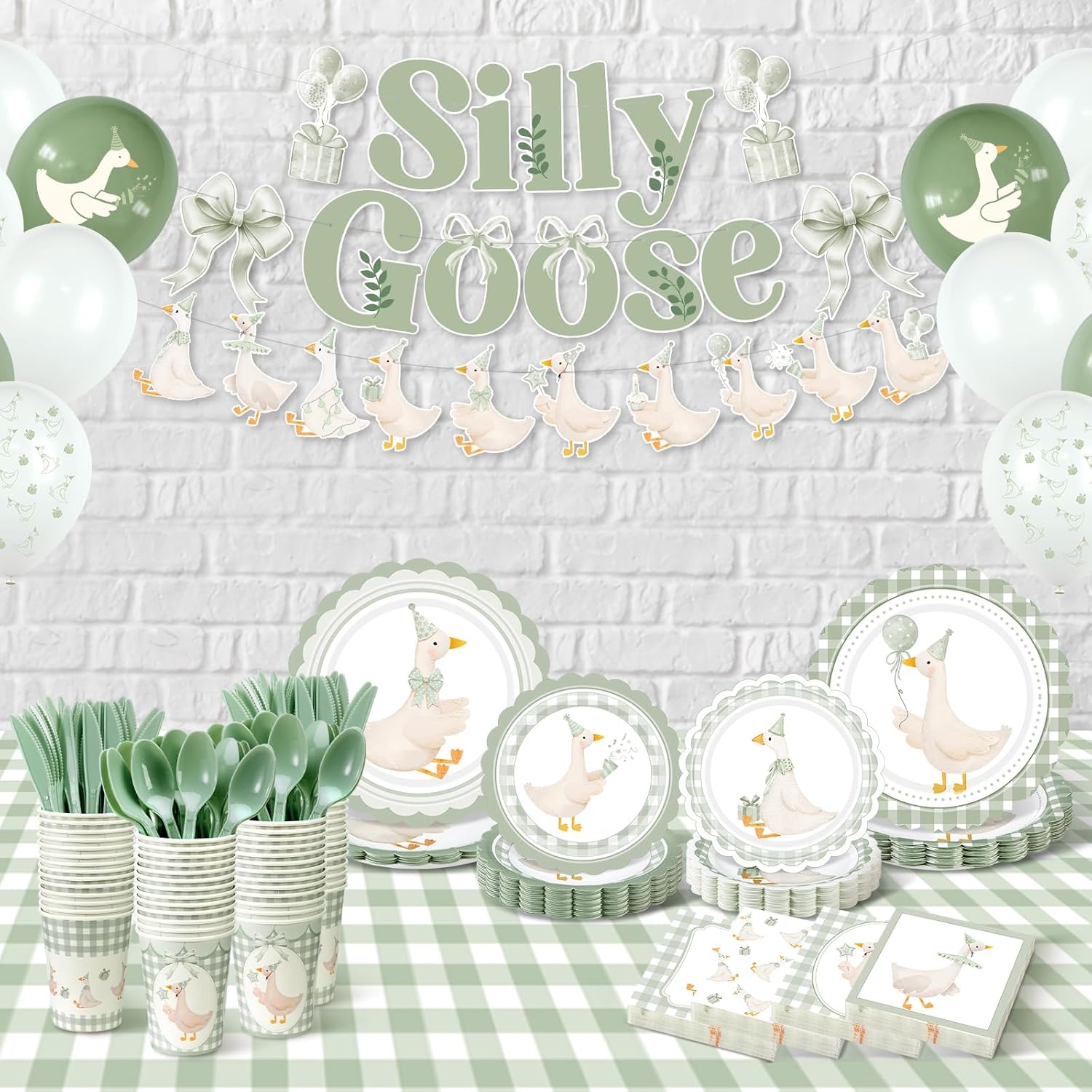 VioraWhite 183pcs Sage Green One Silly Goose Birthday Party Tableware Set Silly Goose Party Supplies for 24 Guests Tableware Includes Plates Napkins Cups Banner Gingham Tablecloth Balloons(Classical)