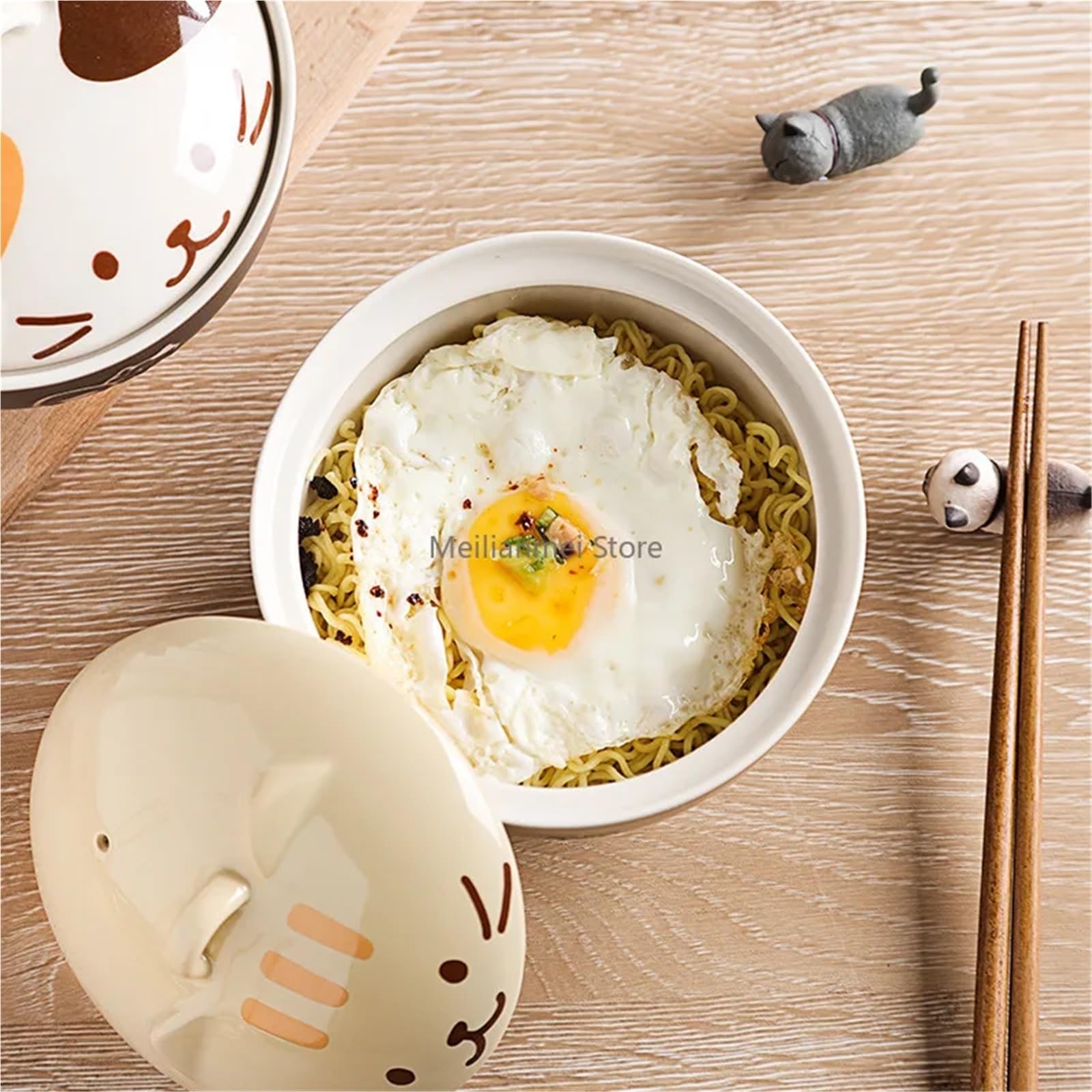 Bol à soupe japonais créatif en céramique avec couvercle, motif chat mignon de dessin animé, multi-usage pour nouilles instantanées, riz, vaisselle domestique (As)