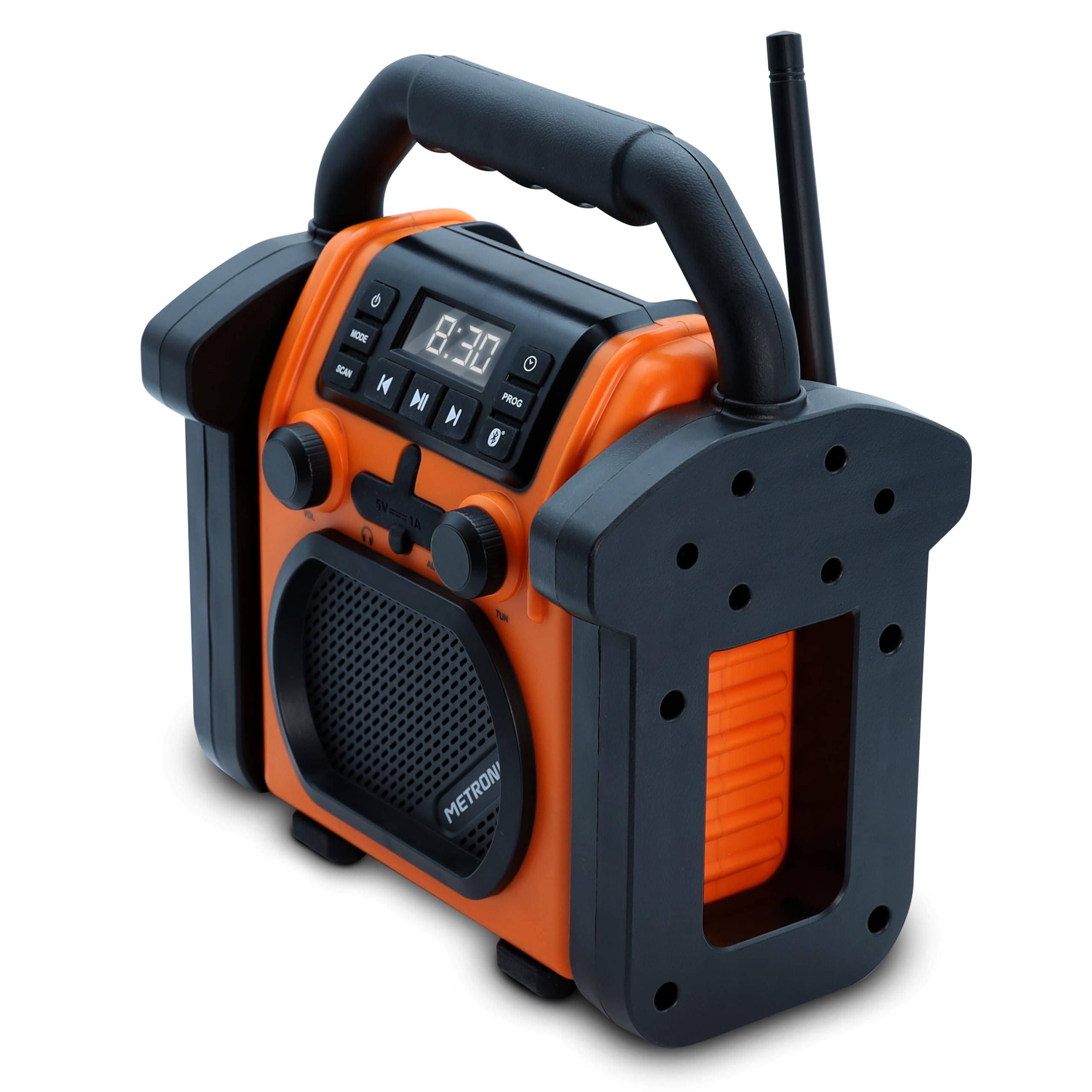 METRONIC 477227 Radio de Chantier FM Bluetooth avec Batterie Rechargeable de Secours - Robuste Résistante aux Chocs, à la poussières, aux éclaboussures - Orange