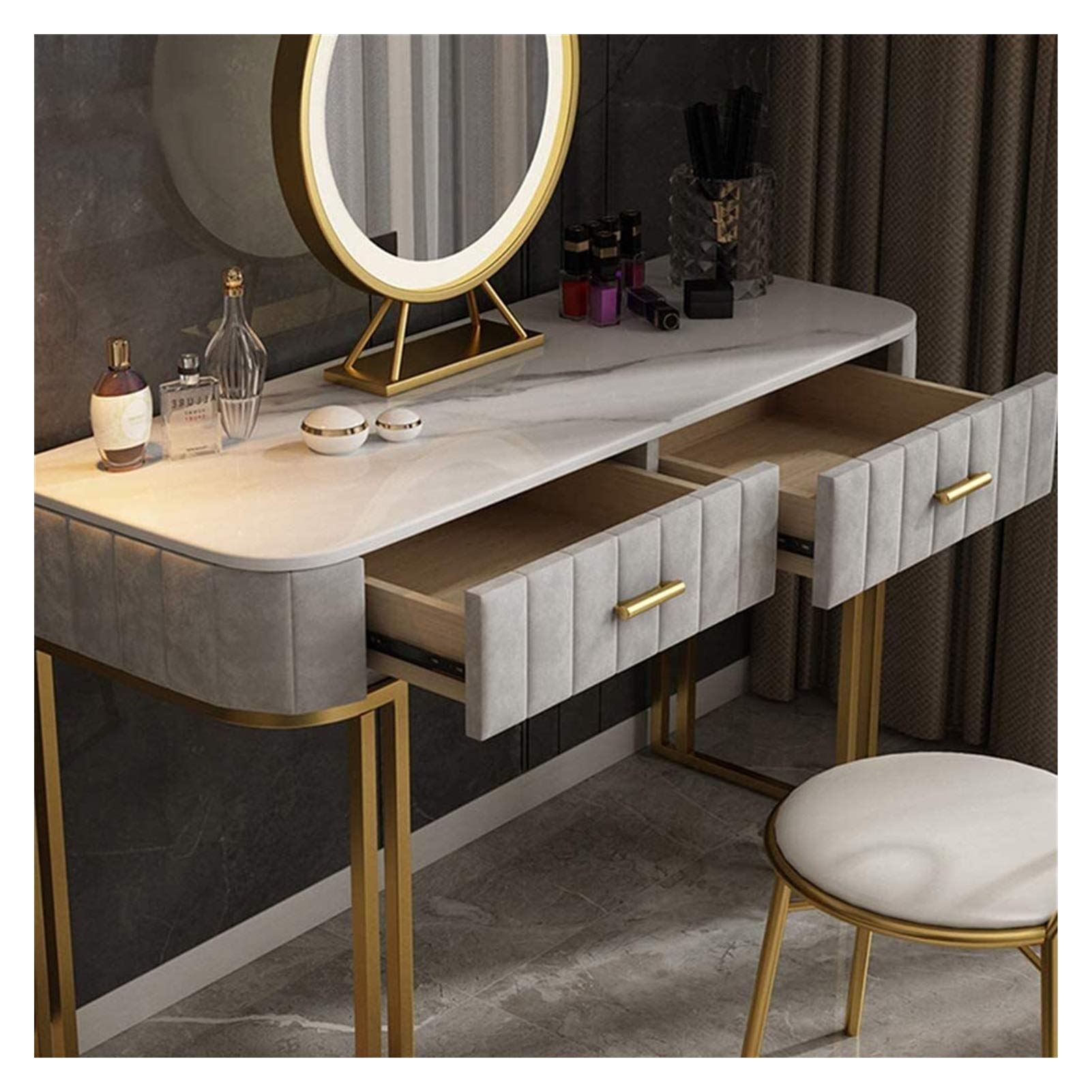 Juego de tocador de maquillaje iluminado con espejo, 2 cajones y taburete acolchado, elegante tocador gris para dormitorio, control táctil, diseño moderno para ella