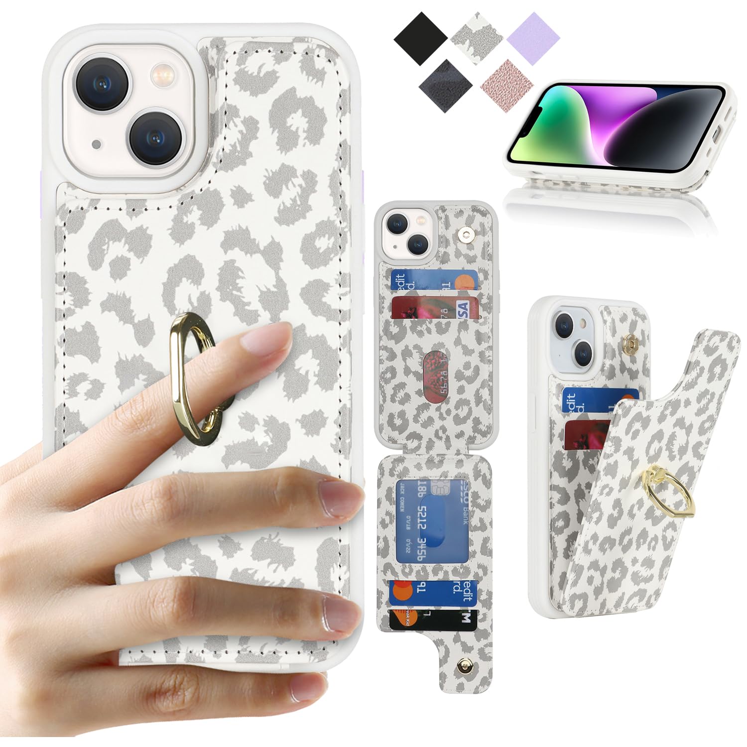 Cavor iPhone15 Plus ケース 背面ポケット付き iPhone15 Plus 手帳型ケース カードポケット【上下開】アイフォン15 Plus 携帯ケース【RFID機能】薄型 落下防止 iPhone15 Plus 財布型ケースiPhone15 Plusスマホケース 360°回転リング 可愛い横置 免許証とクレジットカード磁気機能 Qi急速充電対応-白ヒョウ柄