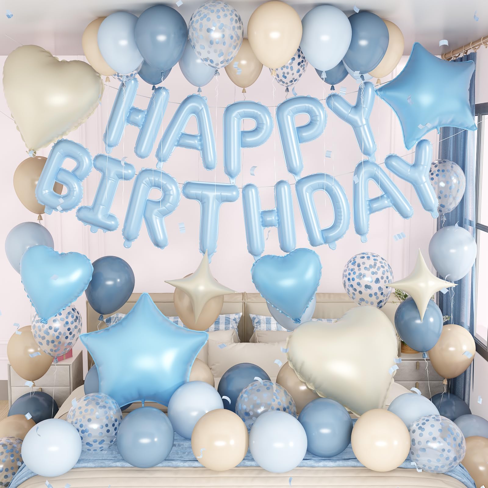 Staubige blaue Geburtstagsdekorationen für Jungen, Nebel-Babylicht, Babyblau, Sand, weiße Luftballons, Konfetti-Party-Ballon, Happy Birthday-Banner, Herzballons, 45,7 cm / 25,4 cm Sternballon für