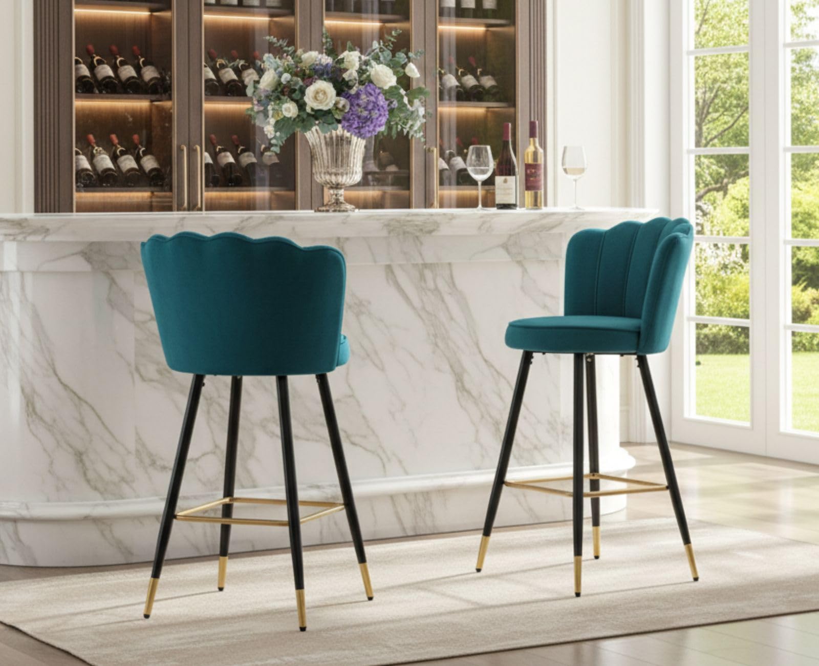 chairus 2PCS Taburetes Bar de Terciopelo con Respaldo Floral, Turquesa | Patas Metálicas, con Reposapiés, Elegante, Taburetes Altos