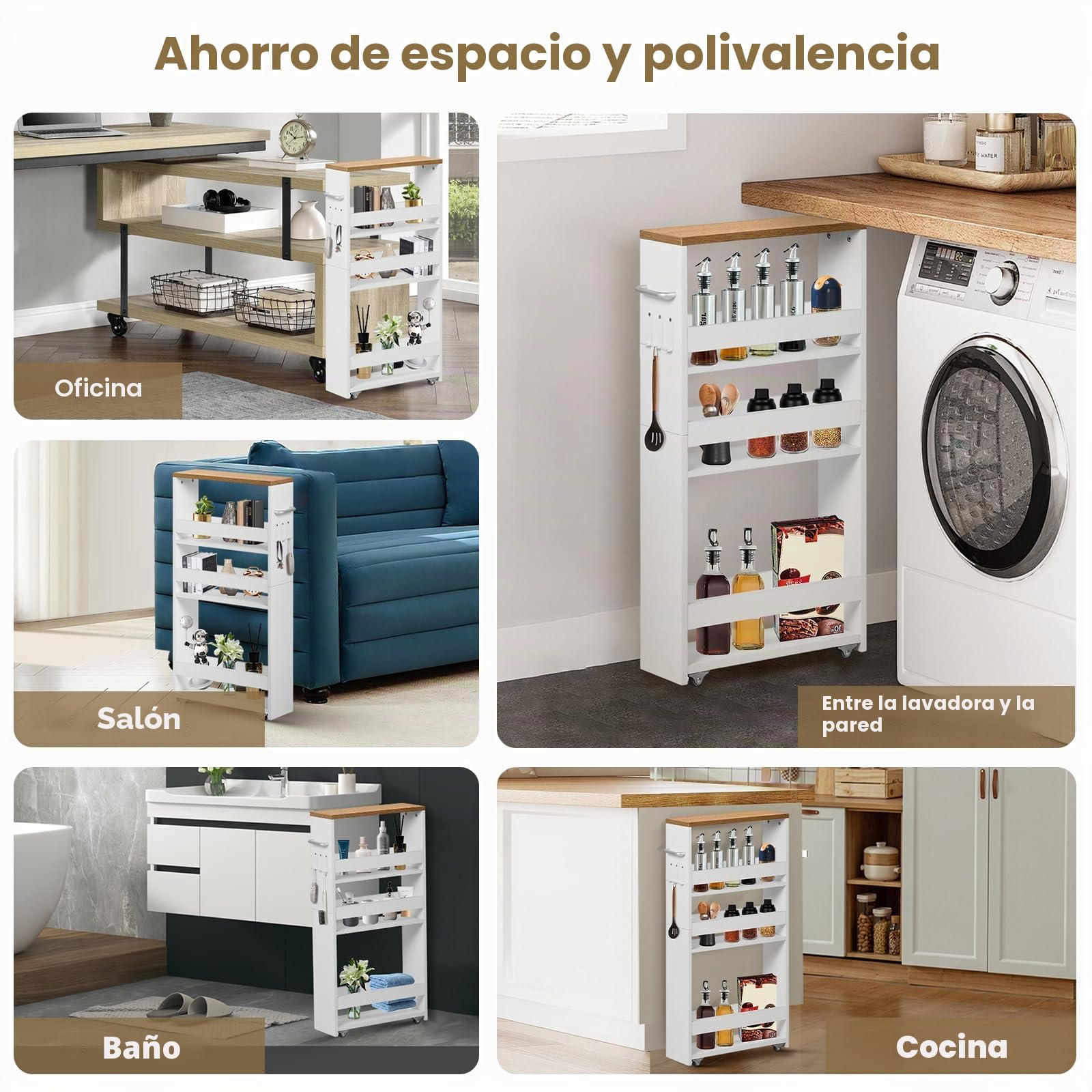 Carrito de Cocina de 4 Niveles, Carro Auxiliar Estrecho con Ruedas, Estante Nicho con Asa, Mueble de Almacenaje Ahorra Espacio para Cocina, Baño, Oficina, 40x15x80cm, Blanco+Roble Claro