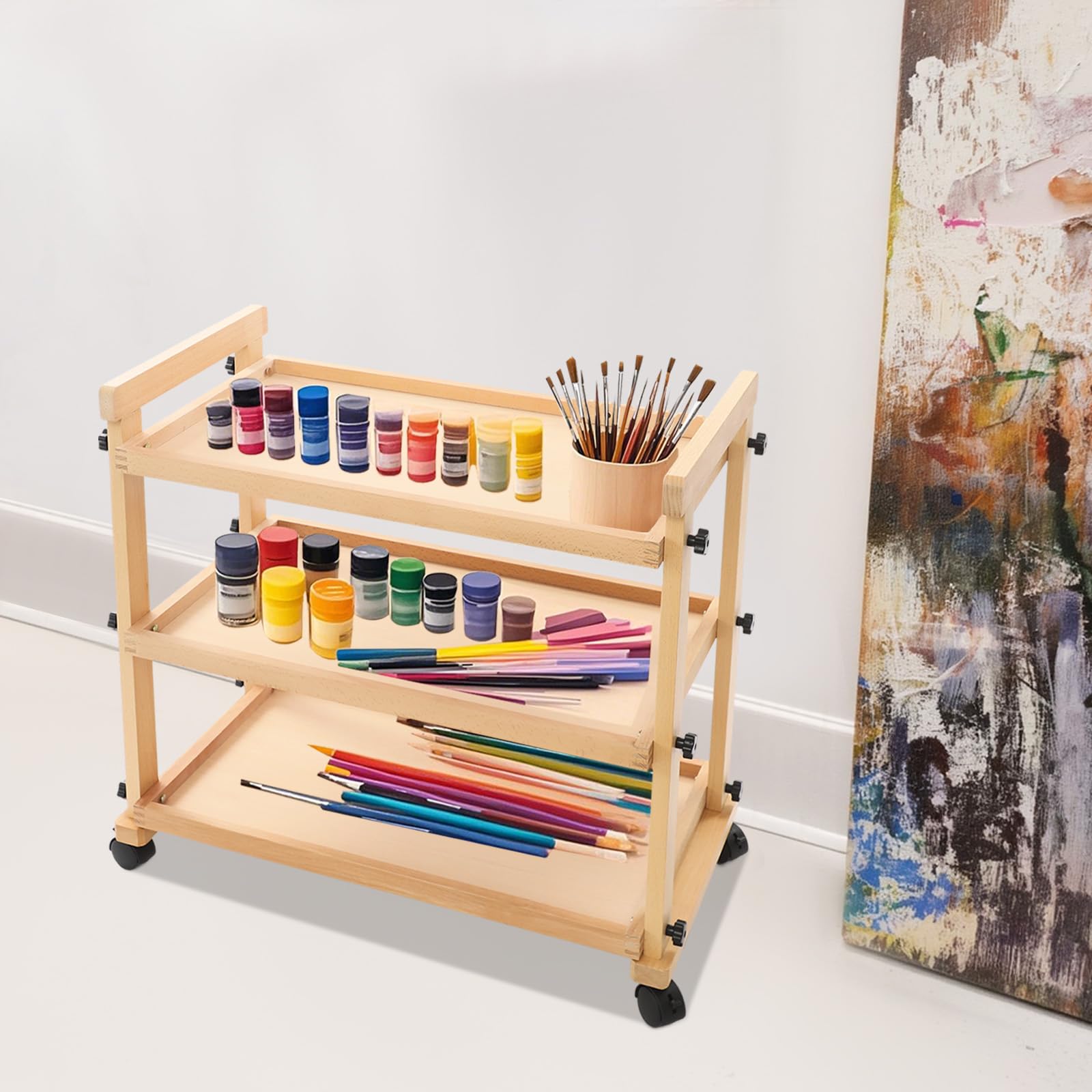 Carrito de madera para arte, estante de madera, ruedas de madera, estudio de arte, 3 pisos, 15 kg, almacenamiento para escuela, oficina, pintura, organización, móvil (B)