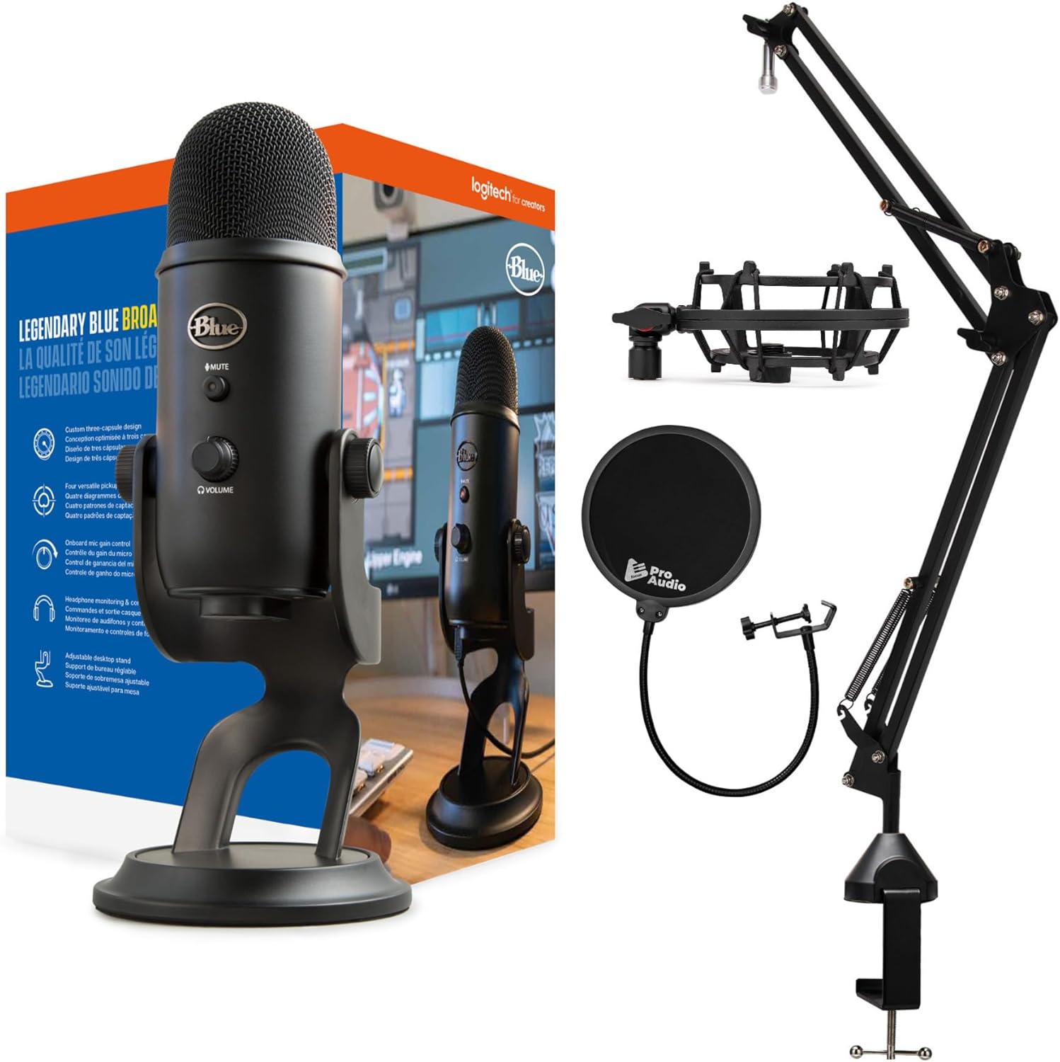 Pacote Blue Yeti Microfone (Blackout) com suporte de braço Boom,