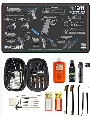 EDOG 29 Pc Pistol Cleaning System - Compatible with 1911 Bushingless - Instructional Step by Step Pistol Mat, Range Warrior Universal .22 9mm - .45 Kit & Clenzoil CLP & Gun Oil & Patchs