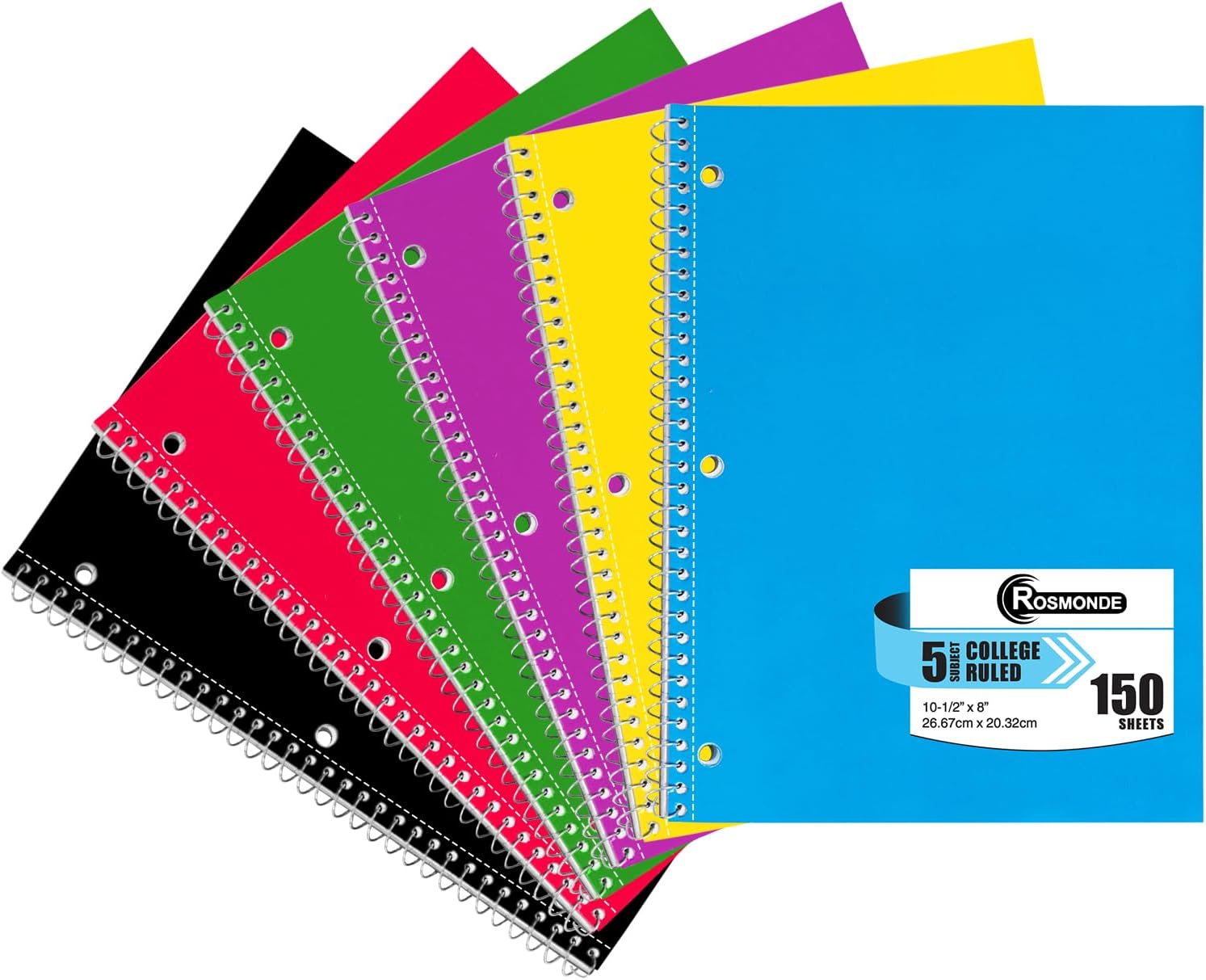 Rosmonde 5 Subject Notebook College Ruled, 6 Value Pack, 300 Pages (150 Sheets), 8 x 10-1/2", 5 Subject College Ruled Spiral Notebooks for School & Office, Thick Paper Fights Ink Bleed, 3 Hole Punched