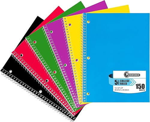 Cuaderno de 5 materias con rayas universitarias, paquete de 6 valores, 300 páginas (150 hojas), 8 x 10-1/2 pulgadas, cuadernos en espiral de 5