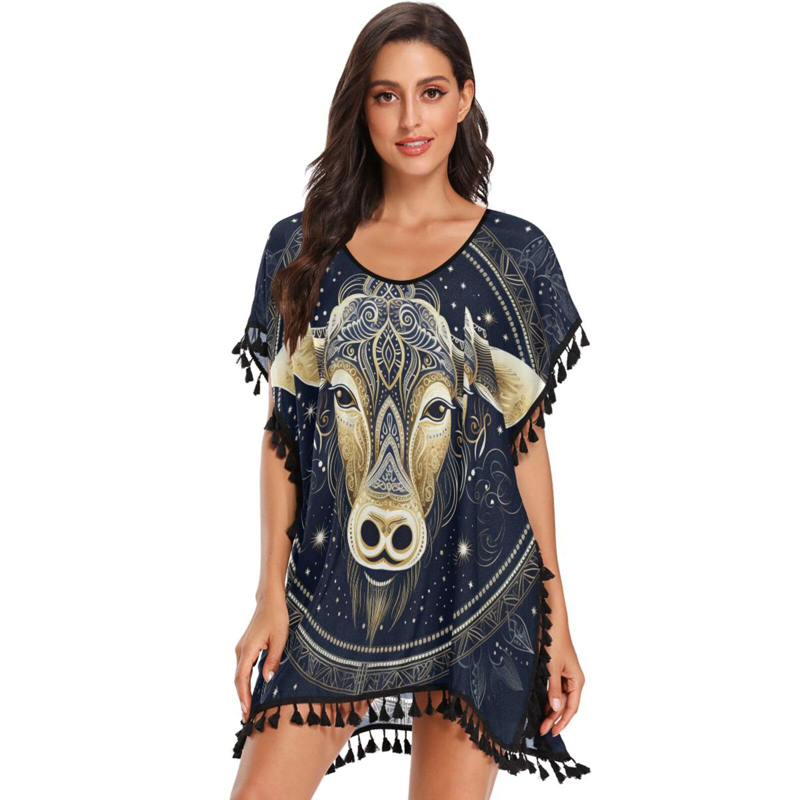 Abstract Art Golden Cow Women's Beach Cover Up Chiffon Tassel Swimwear Swimsuit Coverups for Girl