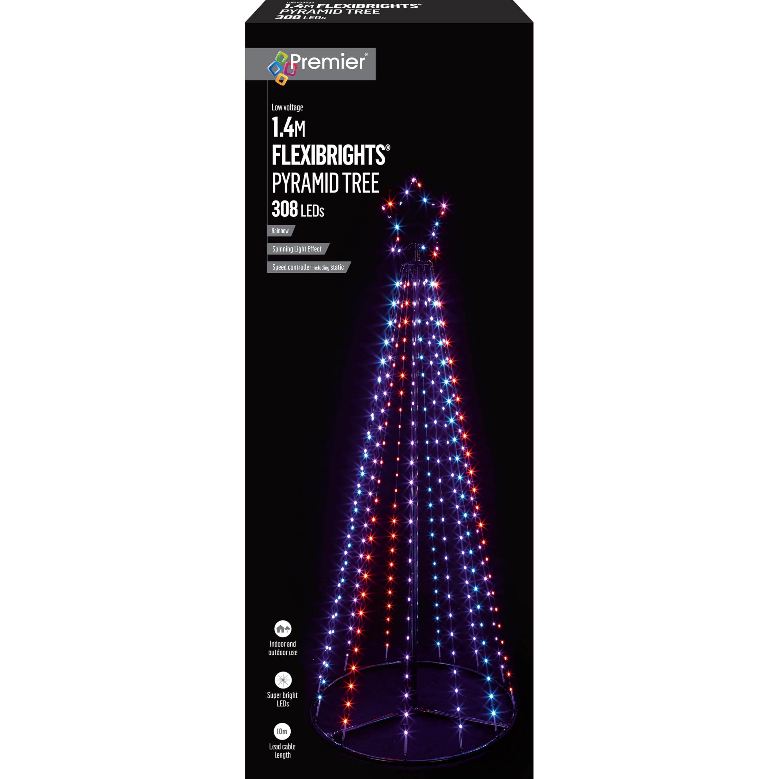 Premier Rainbow Decorations Flexibrights Artificial Pyramid Christmas Tree 1.4M With 308 Super Bright Leds, Spinning Light Effect, Light Up Outdoor Decoration, Mains Operated
