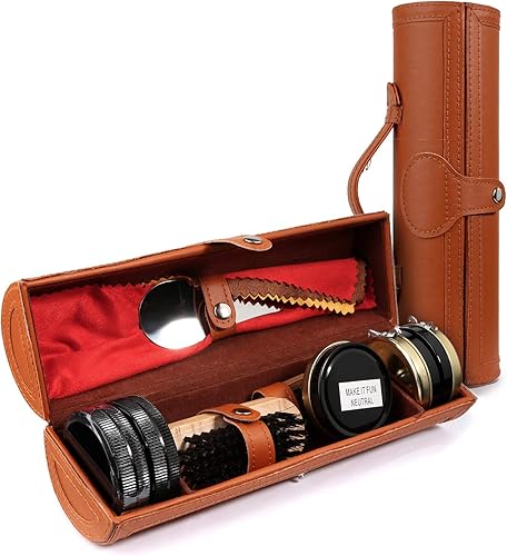 Miniatura 4 de Kit de brillo de zapatos con funda elegante y elegante de piel sintética, kit de cepillo de 12 piezas para zapatos de viaje, Café