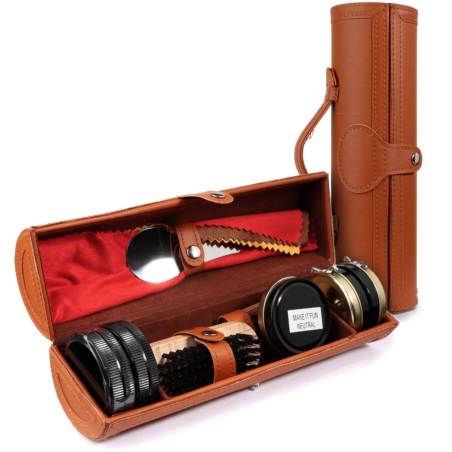 Schuhputz-Set mit einem glatten und eleganten PU Etui, Schuhputz-Reise Set mit Bürste, bestehend aus 12 Teilen
