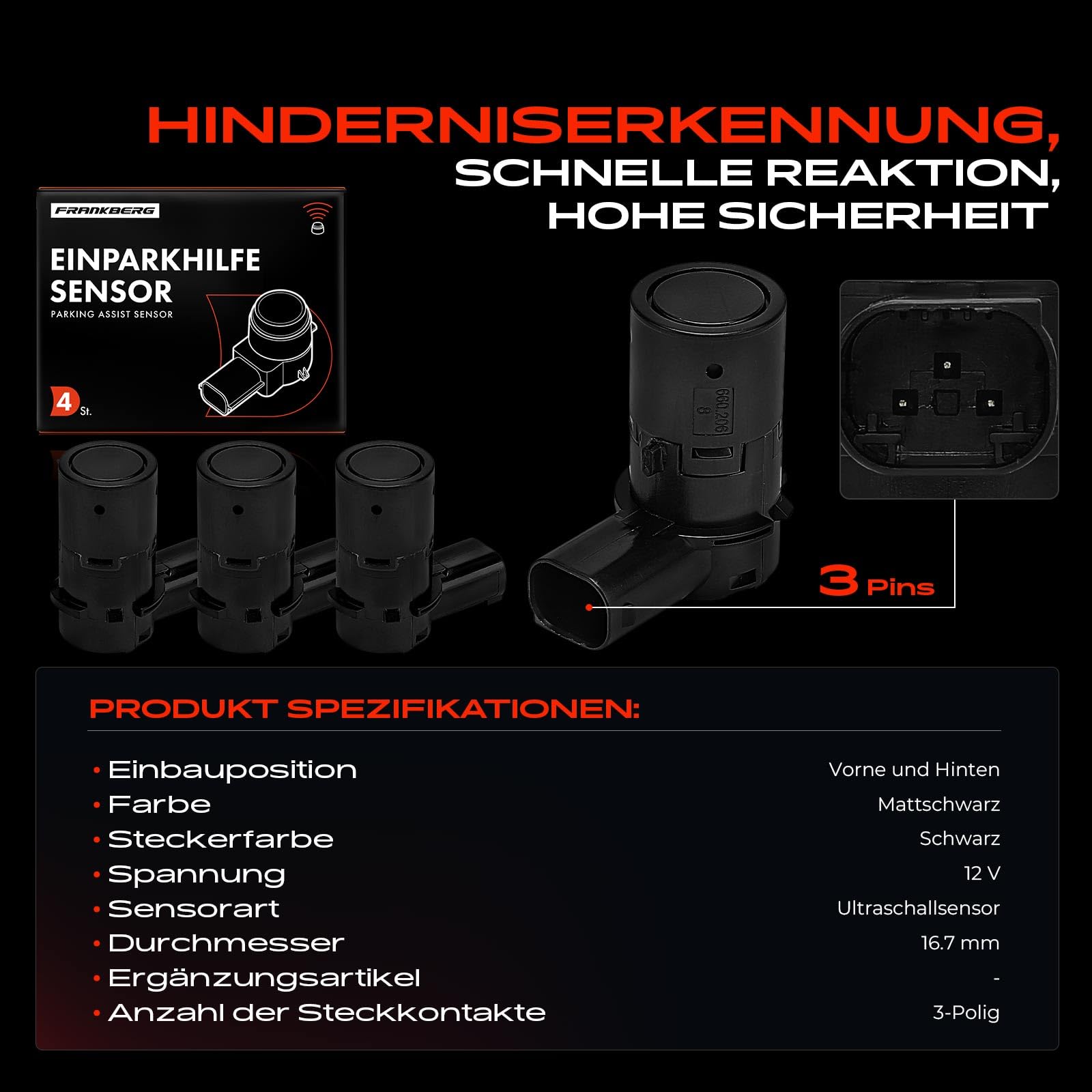Frankberg 4x Parksensor PDC Sensor Vorne Hinten 3-Polig 12758870 | Kompatibel mit XF X260, XF Sportbrake X260, Focus II Turnier DA DS FFS, XJ X350 X358, Focus II Stufenheck DB DH FCH