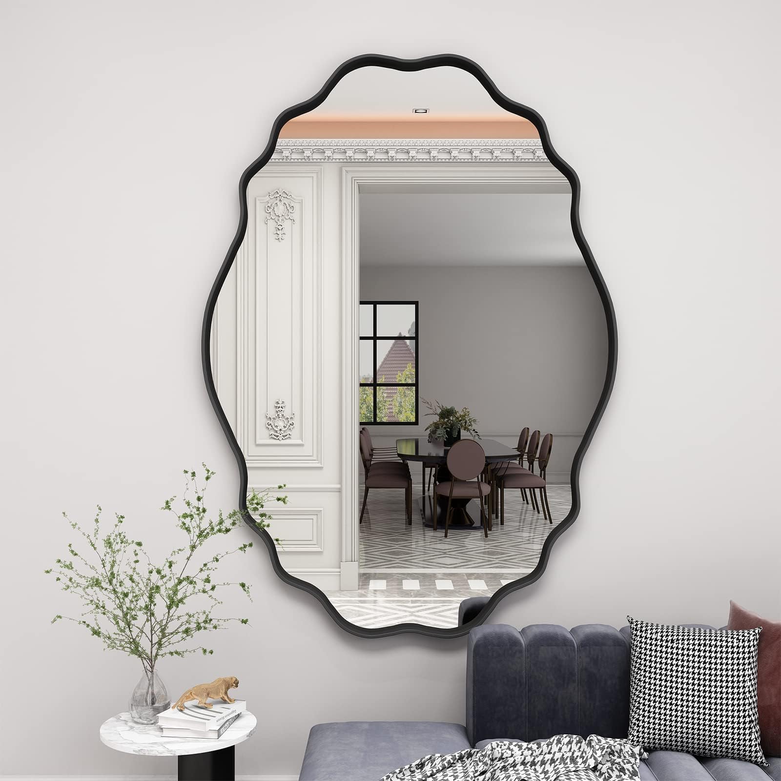 24x36 Irregular Wall Mirror, Matte Black Oval Wavy Framed Bathroom Mirror, Modern Black Vanity Mirror, Decorative Wall Mirror(Horizontal/Vertical)