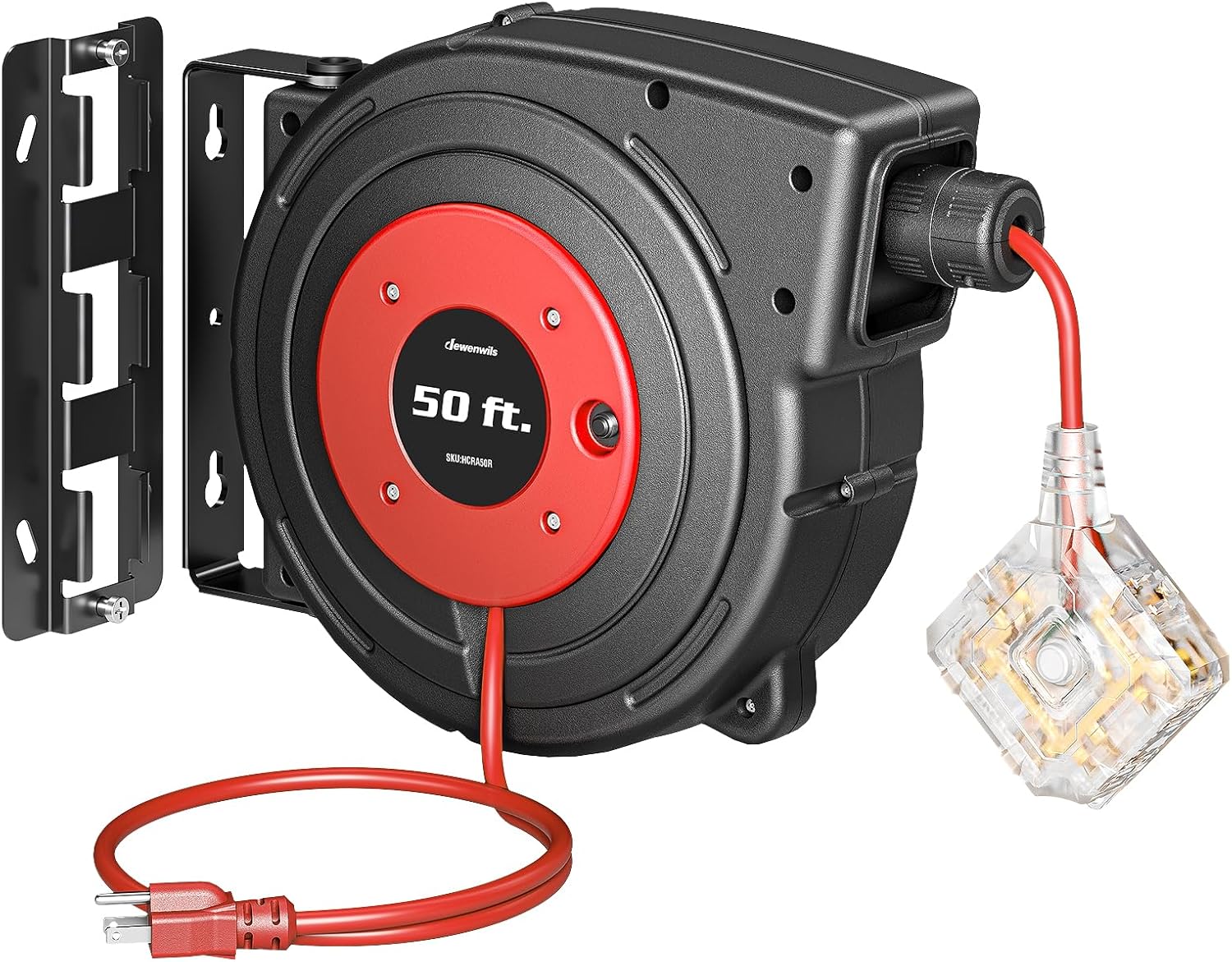 DEWENWILS 50FT Extension Cord Reel, Retractable Extension Cord Reel, 14/3C SJTOW, 6 Grounded Outlets, Twist-lock Stopper, 13A Circuit Breaker, Heavy Duty Power Cord, ETL Listed