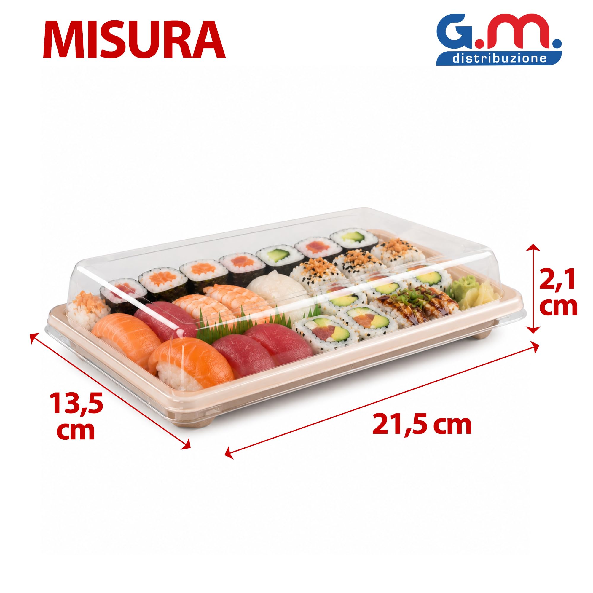 GM 50 Vassoi Sushi in Polpa di Cellulosa 21,5x13,5x2,1 cm con Coperchio PET Trasparente, Contenitori per Sushi, Sashimi, Buffet e Take Away