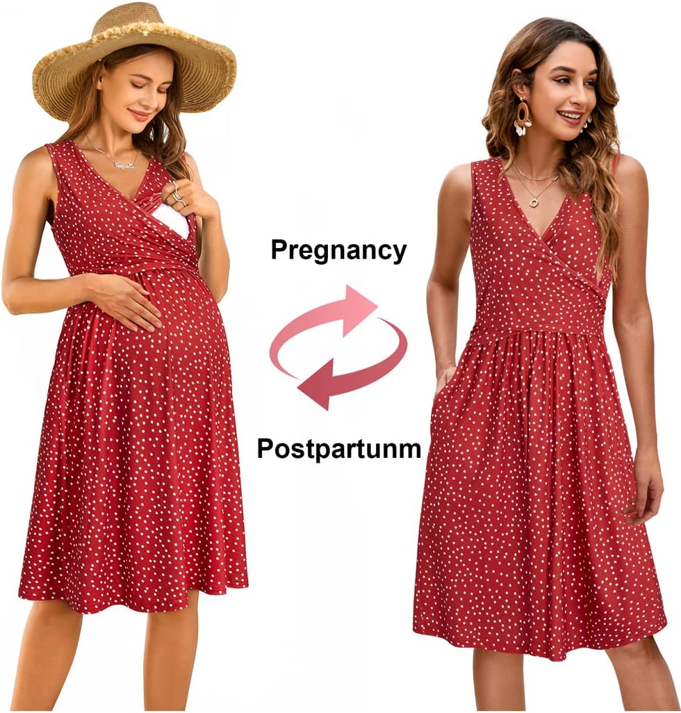 OUGES Womens V-Neck Sleeveless Summer Floral Maternity Dresses Nursing Gown Breastfeeding Dress - Image 4