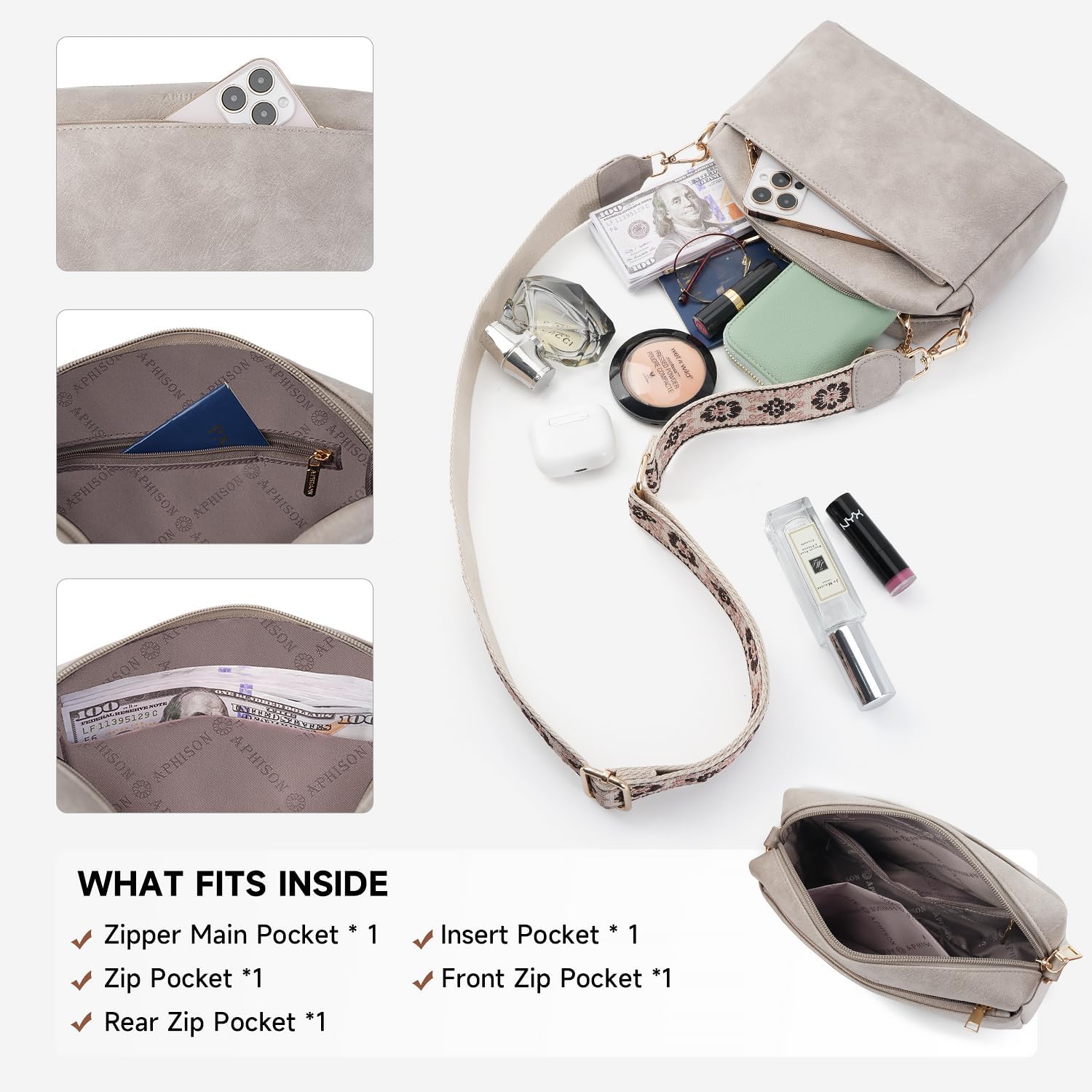 APHISON Small Crossbody Bags for Women, Triple Zip Crossbody Cell Phone Purse Shoulder Handbags with Adjustable Strap | Small, Triple Zip, Crossbody, with Adjustable Strap - Image 3