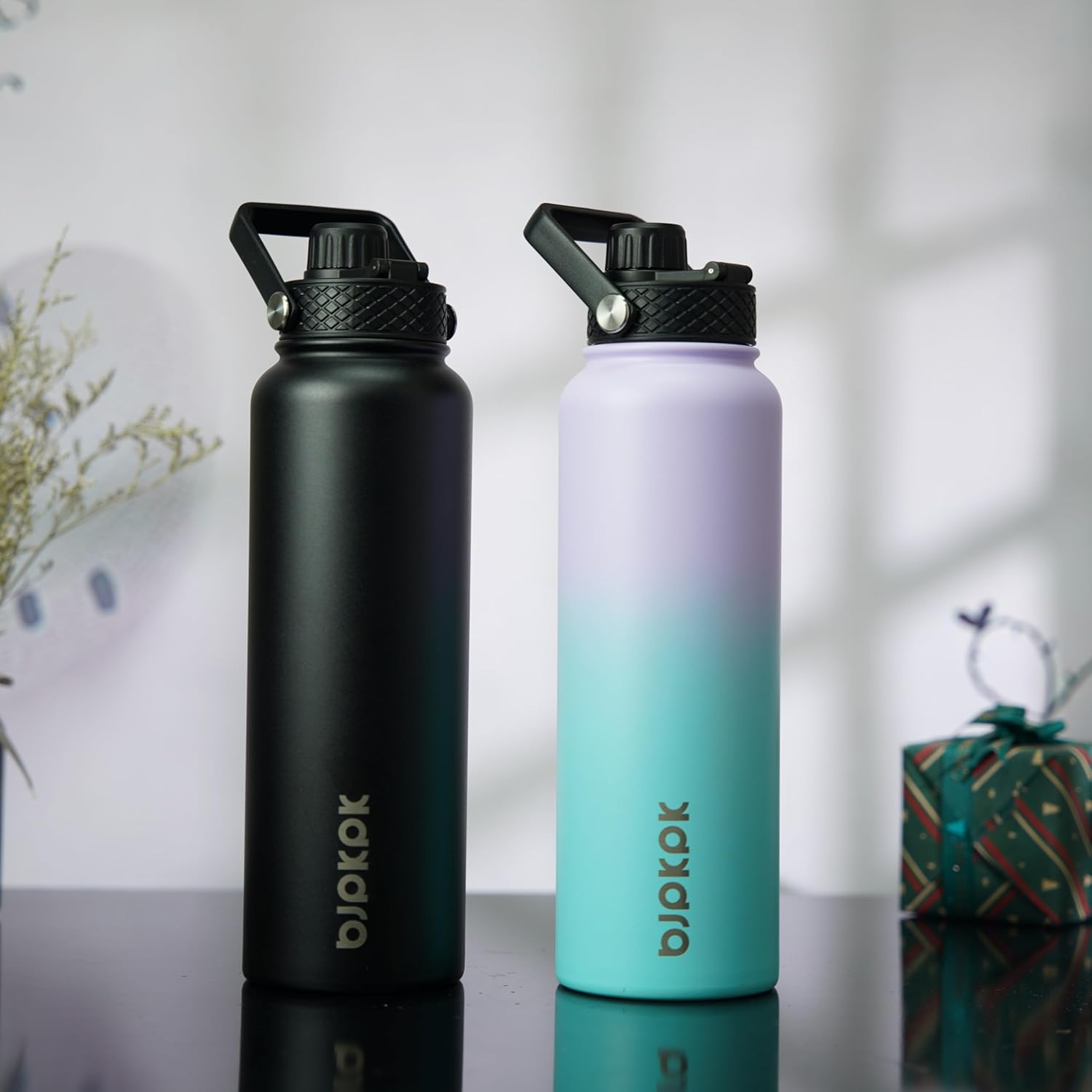 BJPKPK 2 Pack Insulated Water Bottles with Straw Lids, 40oz Stainless Steel Metal Water Bottle with 6 Lids, Leak Proof BPA Free Jugs, Cups, Flasks for Travel, Sports (Lavender Green+Black) - Image 5