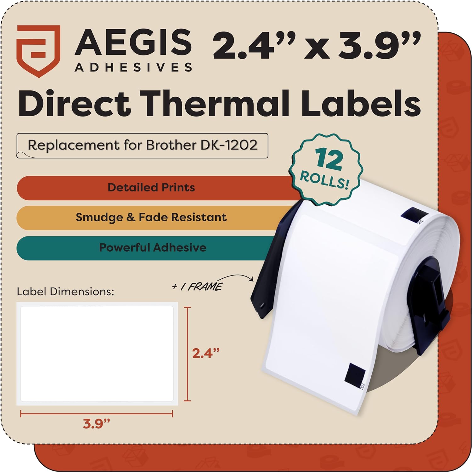 Aegis Adhesives - Replacement for Brother DK-1202 (12 Rolls, 3600 Total) 2.4" X 3.9" Direct Thermal Shipping Labels with Reusable Frame - Compatible with QL Printers, QL-800, QL-810W, QL-820NWB