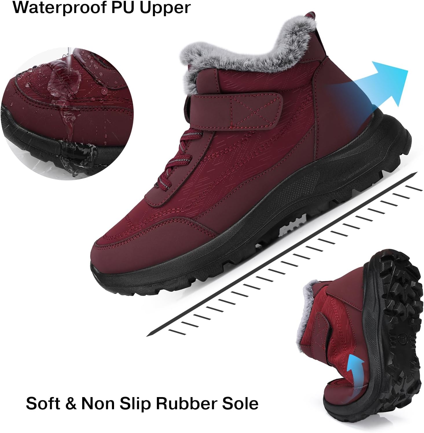 SHIBEVER Snow Boots Women Winter Warm Fur Lined Ankle Boots Waterproof Comfortable Outdoor Shoes Red Size 9