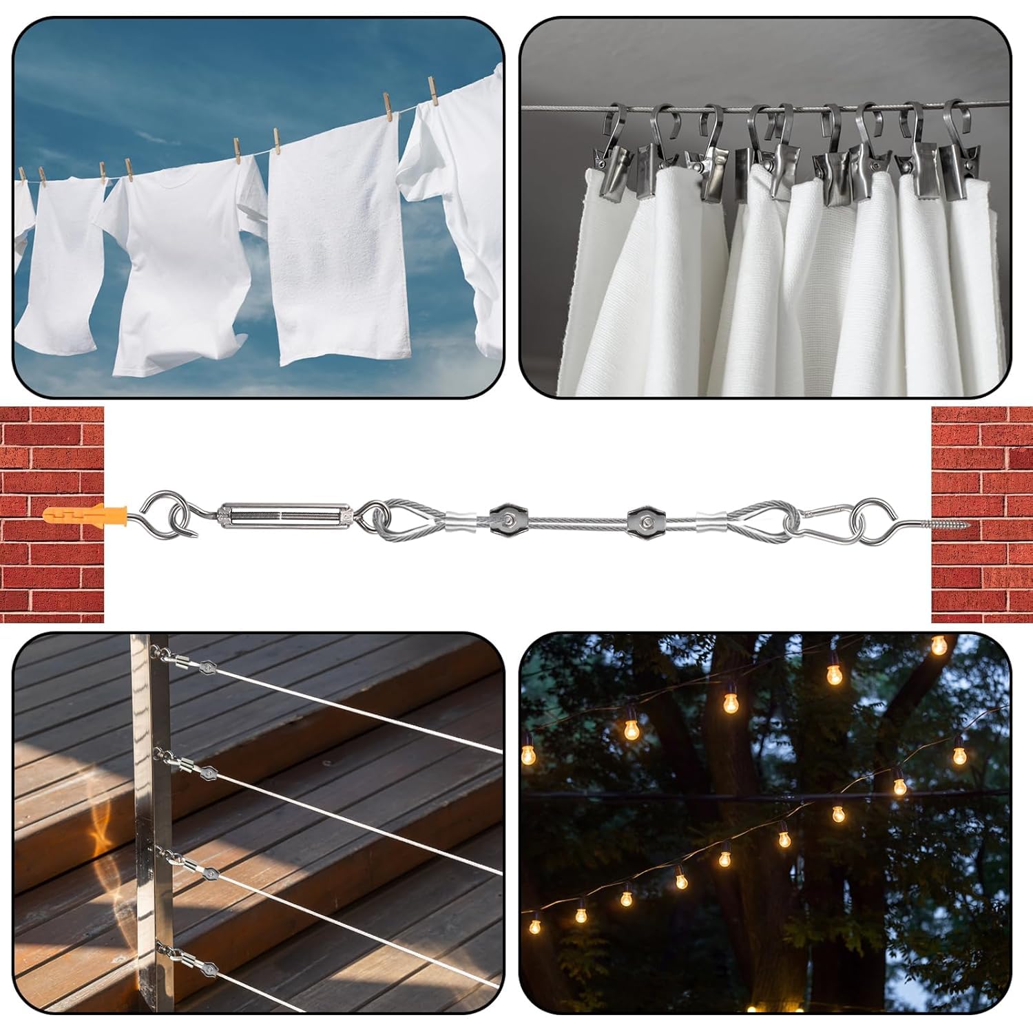 Cieex Kit Câble Acier 3mm 36m – Corde Acier Gainé PVC + Tendeurs – Fil de Fer pour Corde à Linge Extérieur, Fixation Voile d’Ombrage, Plantes Grimpantes, Clôture – Résiste à la Rouille