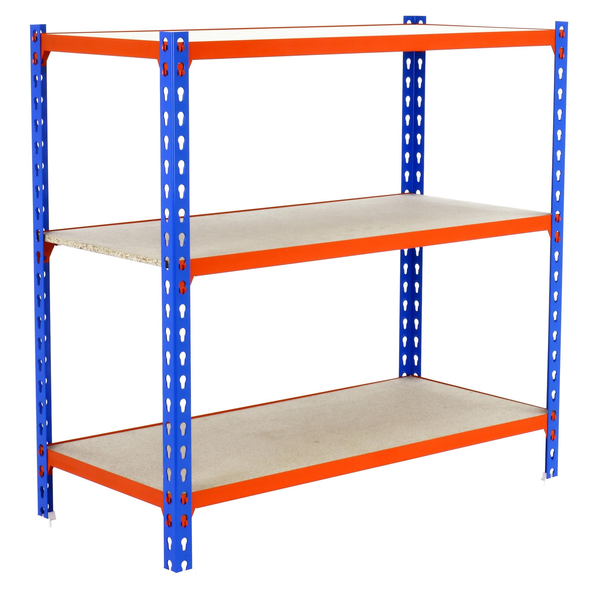 SimonRack Schwerlastregal, Lagerregal, 90x100x30 cm, Metallregal, Kellerregal, Biegestelle 150 kg, 3 Holzfachböden, Blau/Orange/Holz - Maderclick
