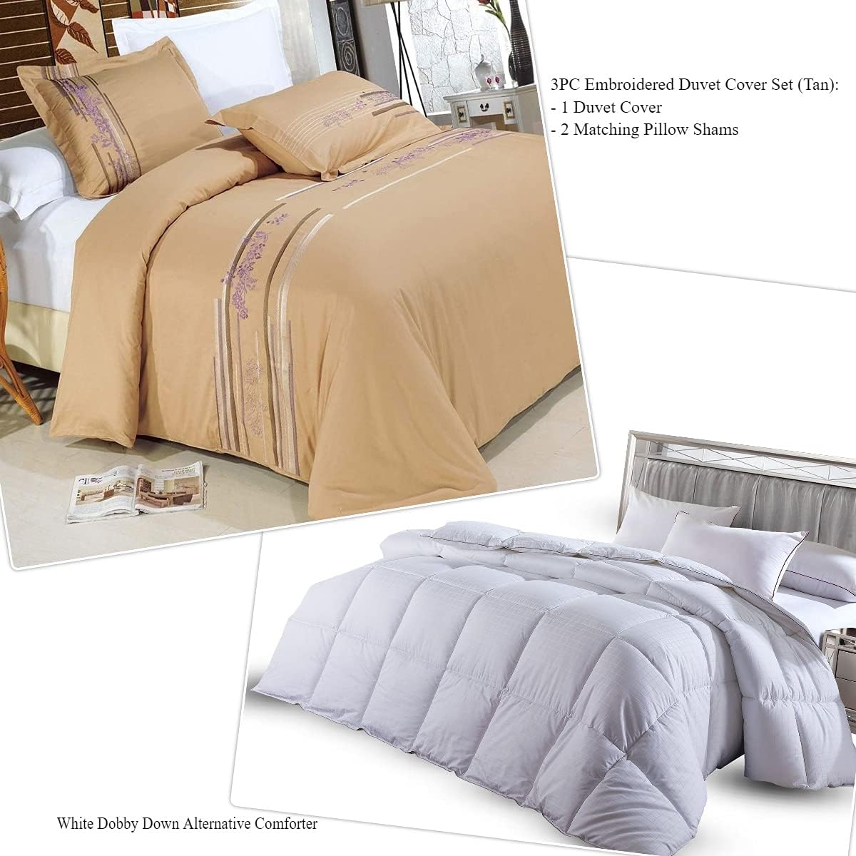 4PC Bedding Set- Duvet Cover and Duvet Insert Features Extra Warm Dobby Down Alternative Duvet Comforter Insert along with 100% Cotton Embroidered Cecilia Duvet Cover Set (Full/Queen, Tan)
