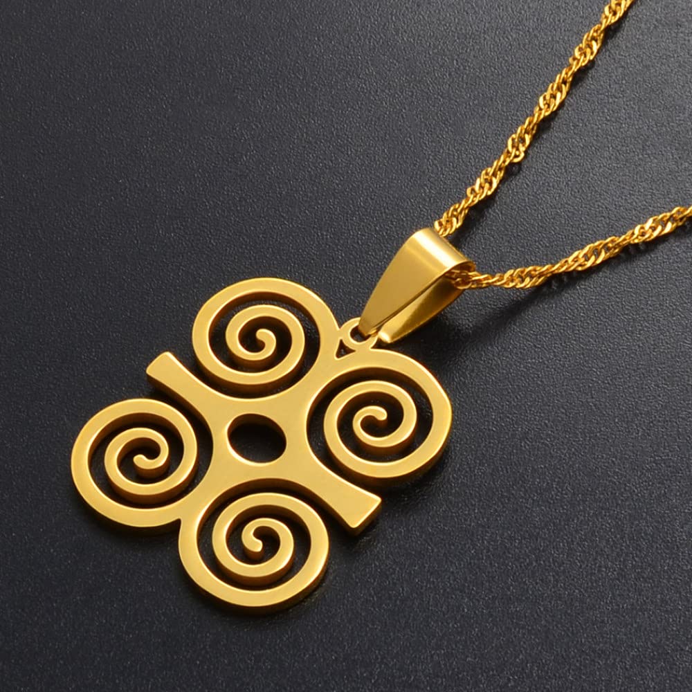 Collana Etnica Con Simboli Africani Adinkra - Ciondolo 2x2.5cm In Acciaio Inossidabile Oro, Catena 50cm, Regalo Unisex