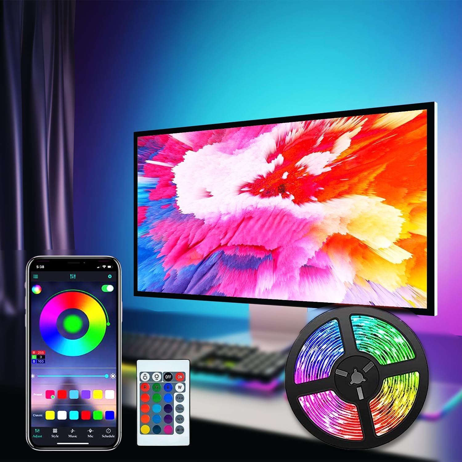 YU WELL5m RGB LED Strip Light with APP and Remote-Control Function for Home Living Bedroom Decoration, Music Sync, Color Changing Sequence for Mood Creation Led Strip Light (5m, RGB+Remote+APP)