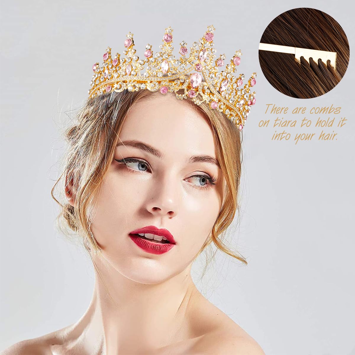 TOBATOBA Gold Pink Crown, Wedding Tiaras and Crowns for Women, Coronas Para Ramos Buchones De Flores, Queen Crown Royal Princess Tiara Headpieces for Birthday Prom Pageant Halloween Cosplay