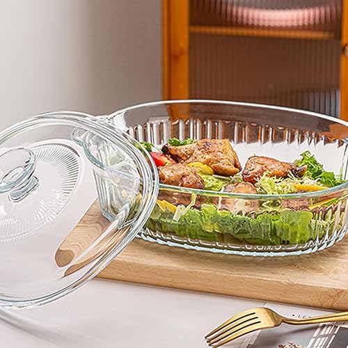 Miniatura 3 de Cacerola de vidrio de 1.5L con tapa, resistente al calor y al frío, bandeja para hornear ovalada con asas, apta para horno y microondas