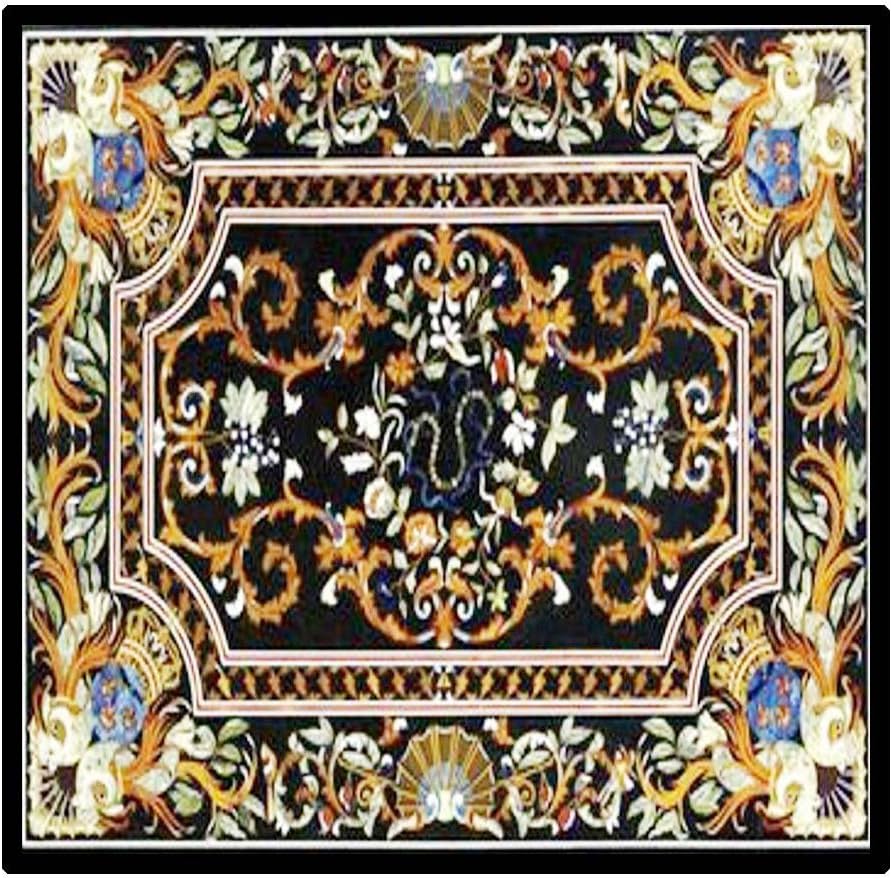 Black Marble Inlay Pietra Dura Coffee Table Top 18" inch ~ Beautiful Heavy Colorful Floral Design Gemstone Made From One Marble Stone Mughal Art Indoor Luxury And Clasic Home Decor for Gift Purpose
