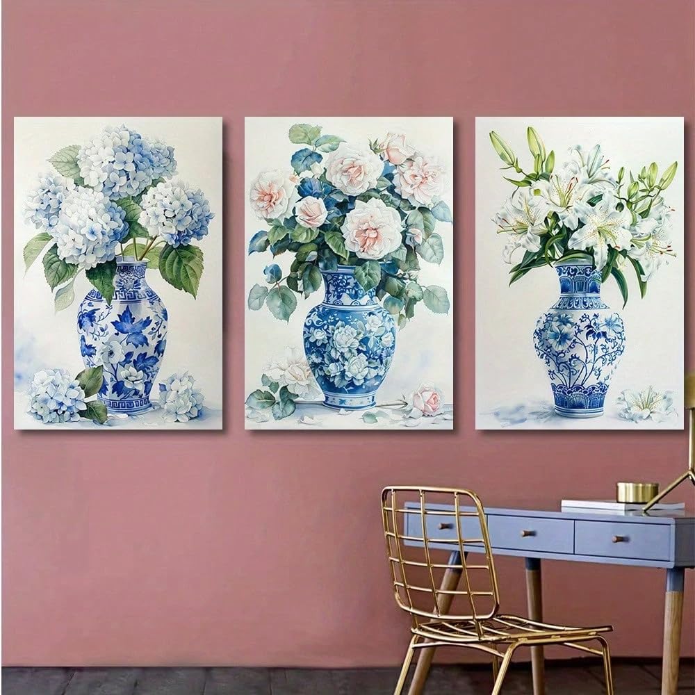 Cuadro decorativo de 3 piezas con jarrón de porcelana azul y blanca, ideal para la decoración de habitaciones (50x70cm x 3/Sin marco).