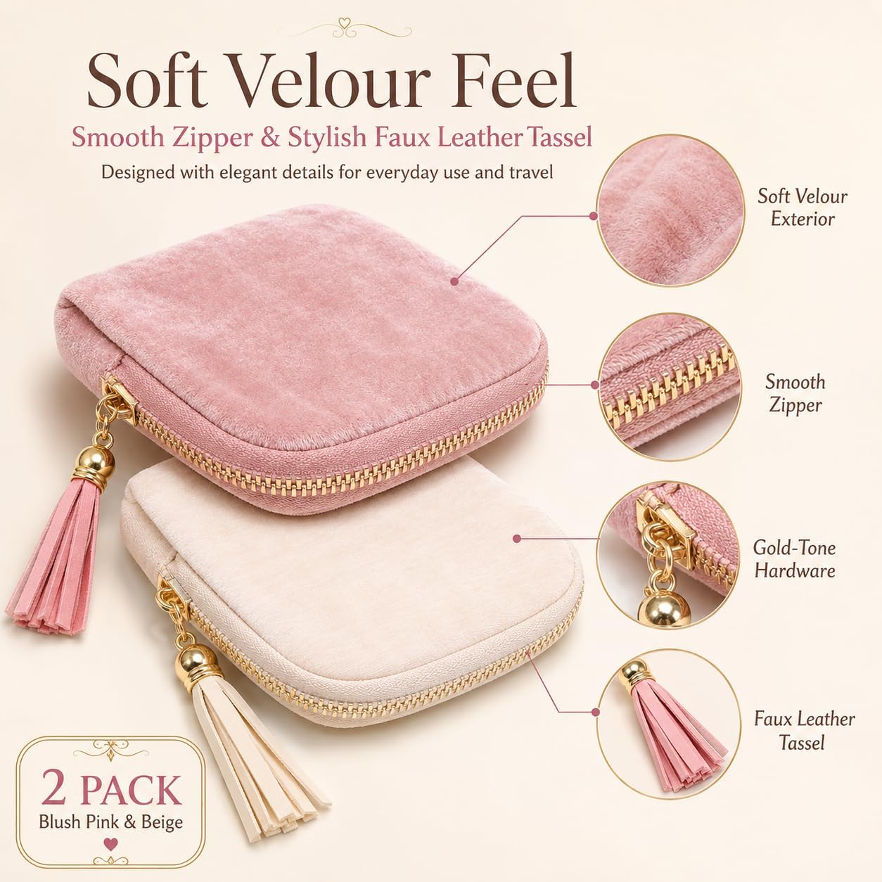 2-Pack Velvet Jewelry Organizer Case - Travel Zipper Pouch with Tassel, 6-Layer Storage for Bracelets, Bangles & Accessories (Off-white and Pink) image 4