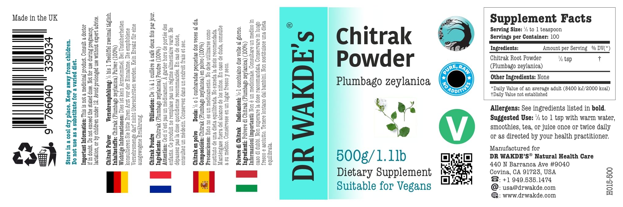 DR WAKDE'S® Chitrak Pulver (Plumbago zeylanicum/Leadwort) - 500g (1.1lb) I 100% Kräuter I Ayurvedische Nahrungsergänzung I Mengenrabatt I Versand am selben Tag