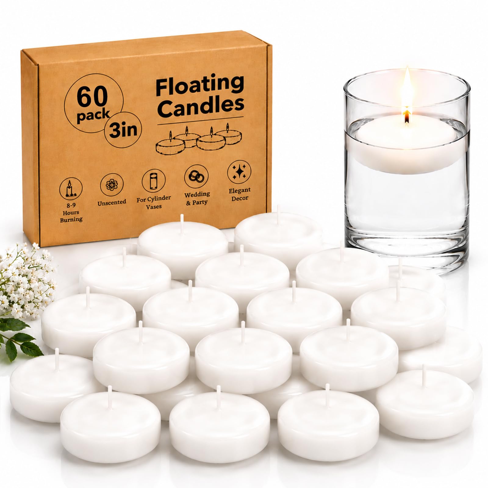 Velas flotantes blancas de 3 pulgadas, paquete de 60 velas flotantes sin perfume para centros de mesa, 8-9 horas, velas flotantes activadas por agua a granel para jarrones cilíndricos, día de