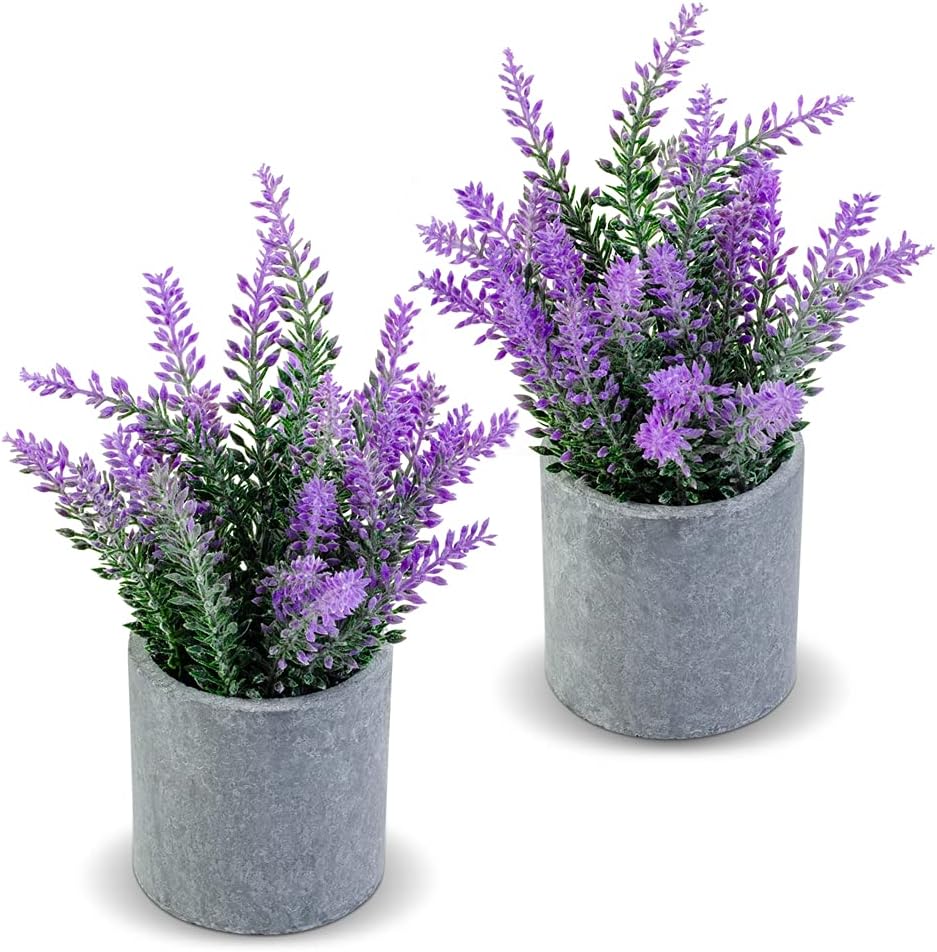 CADNLY Artificial Lavender Plant in Pots - Faux Lavender Fake Artificial Flowers Potted – Modern Farmhouse - Purple Lavender Decor for Bathroom Bedroom Kitchen Set of 2