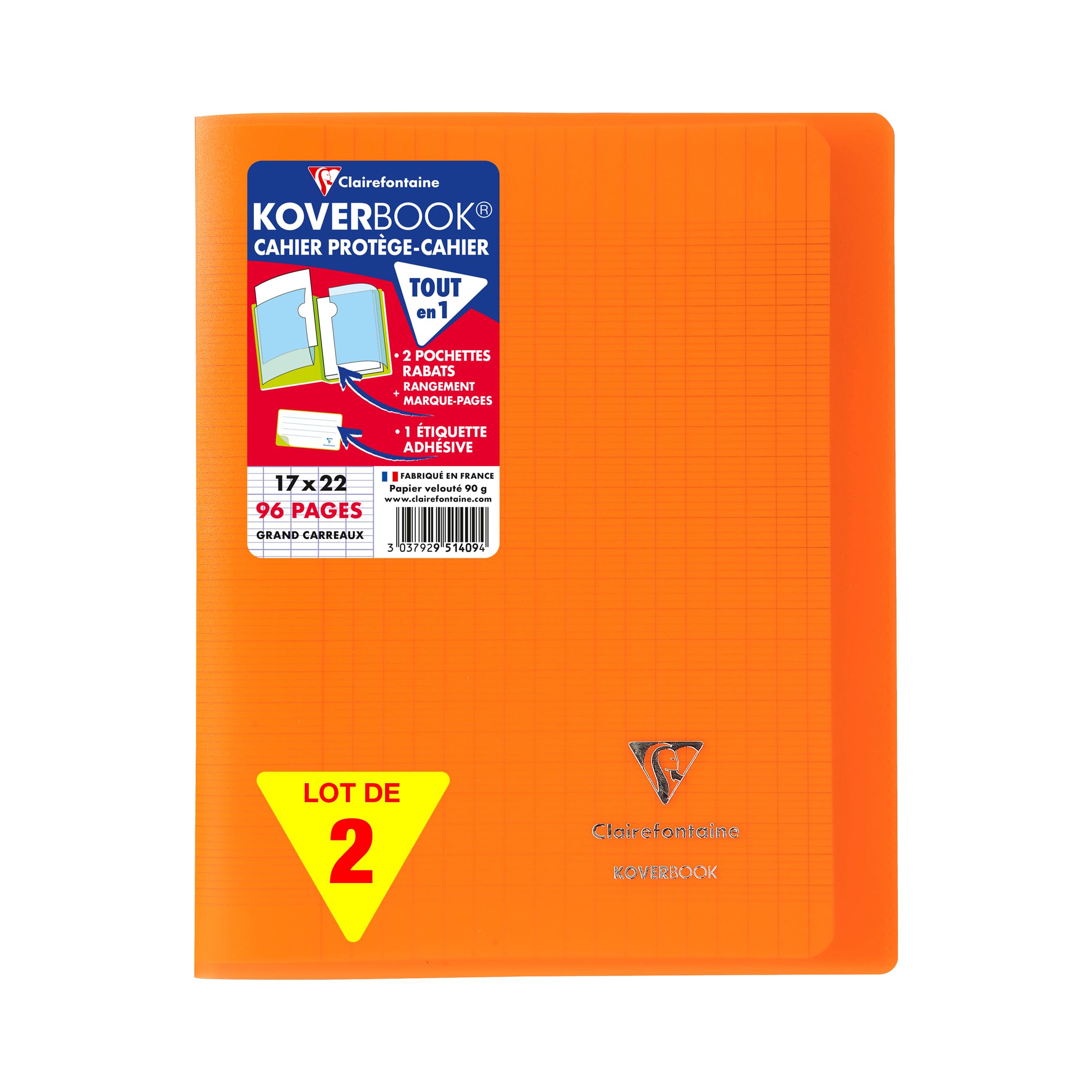 Clairefontaine 951409AMZC - Set of Orange Koverbook Stapled Notebooks - Dimensions: 17x22 cm - 96 Seyes Ruled Pages - White Paper 90 g - Polypro Cover