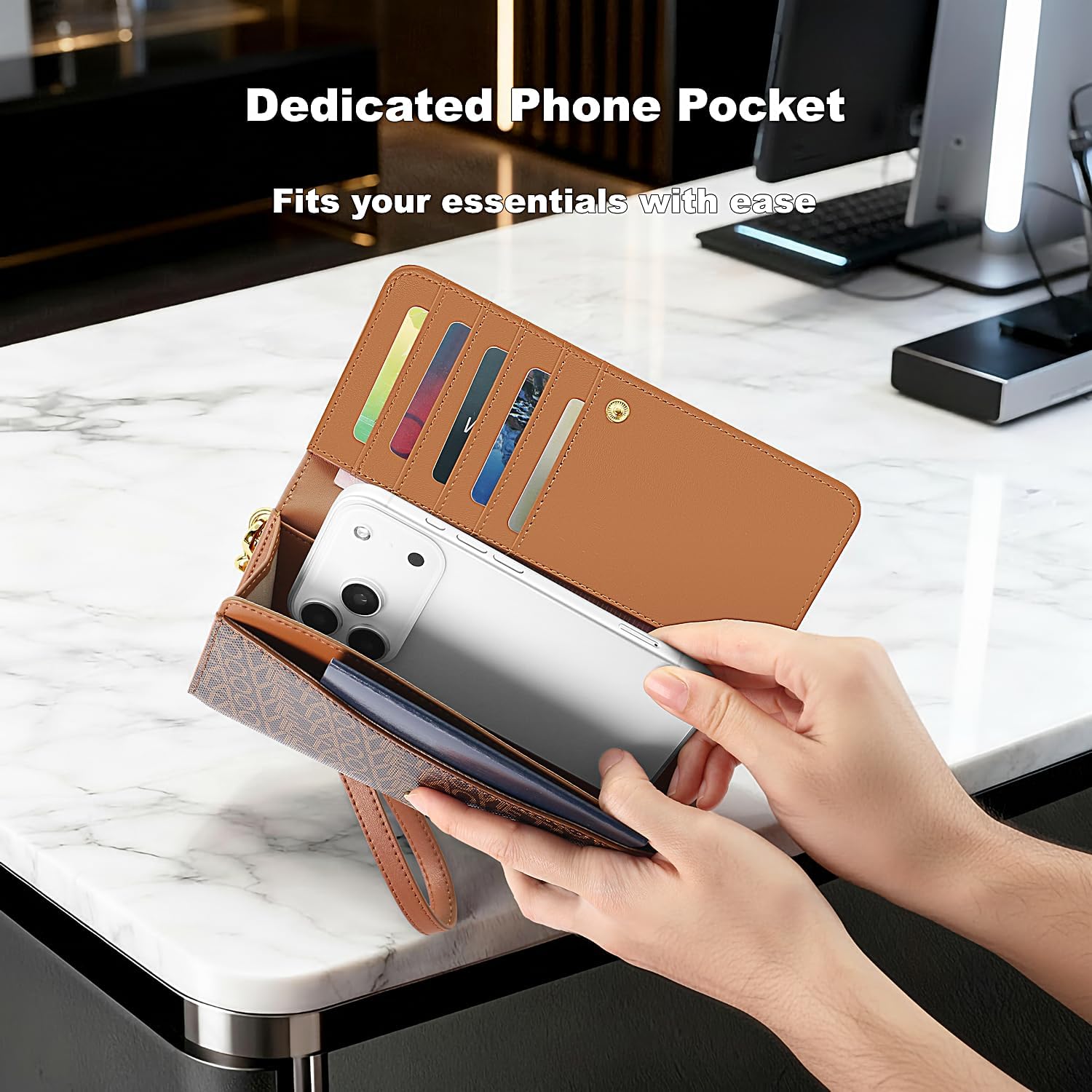 VEWWA Womens Wallet, RFID Blocking Wristlet Wallets for Women, Large Capacity Leather Clutch Purse for Ladies Daily Use and Travel, Card & Phone Holder - Brown - Image 8