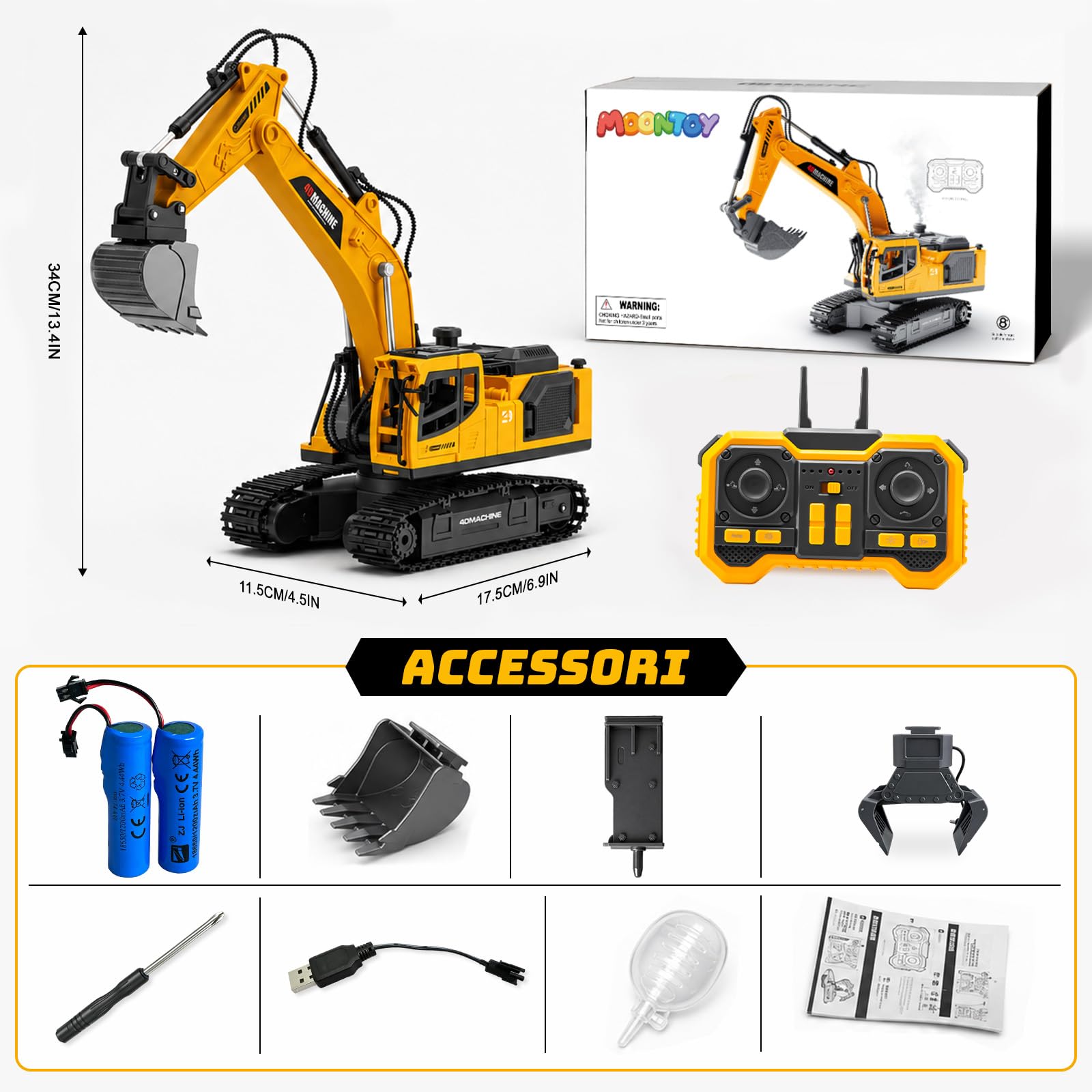 MOONTOY Escavatore Radiocomandato 3‑in‑1, 2,4 GHz RC 1:18 14 Canali, Benna Metallica, Pinza & Martello Demolitore, Luci, Suoni, Vapore, Rotazione 720°, Giocattolo Regalo Bambino 6 7 8 9 10 Anni