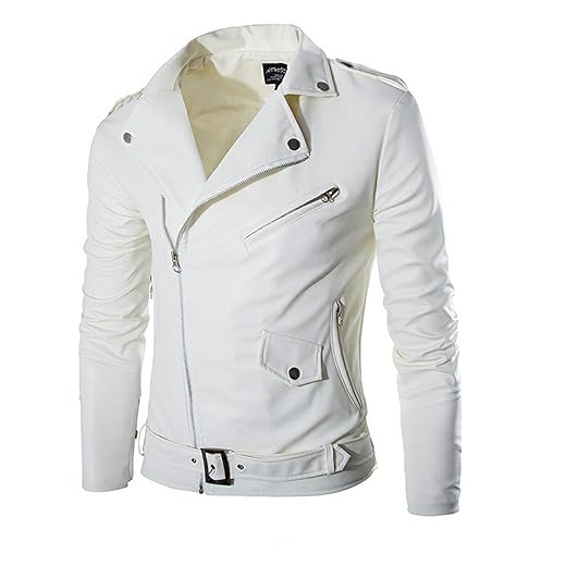 WSLCN Jaqueta Masculina de Couro Sintético Slim Fit Jaqueta de Motoqueiro com Zíper Diagonal