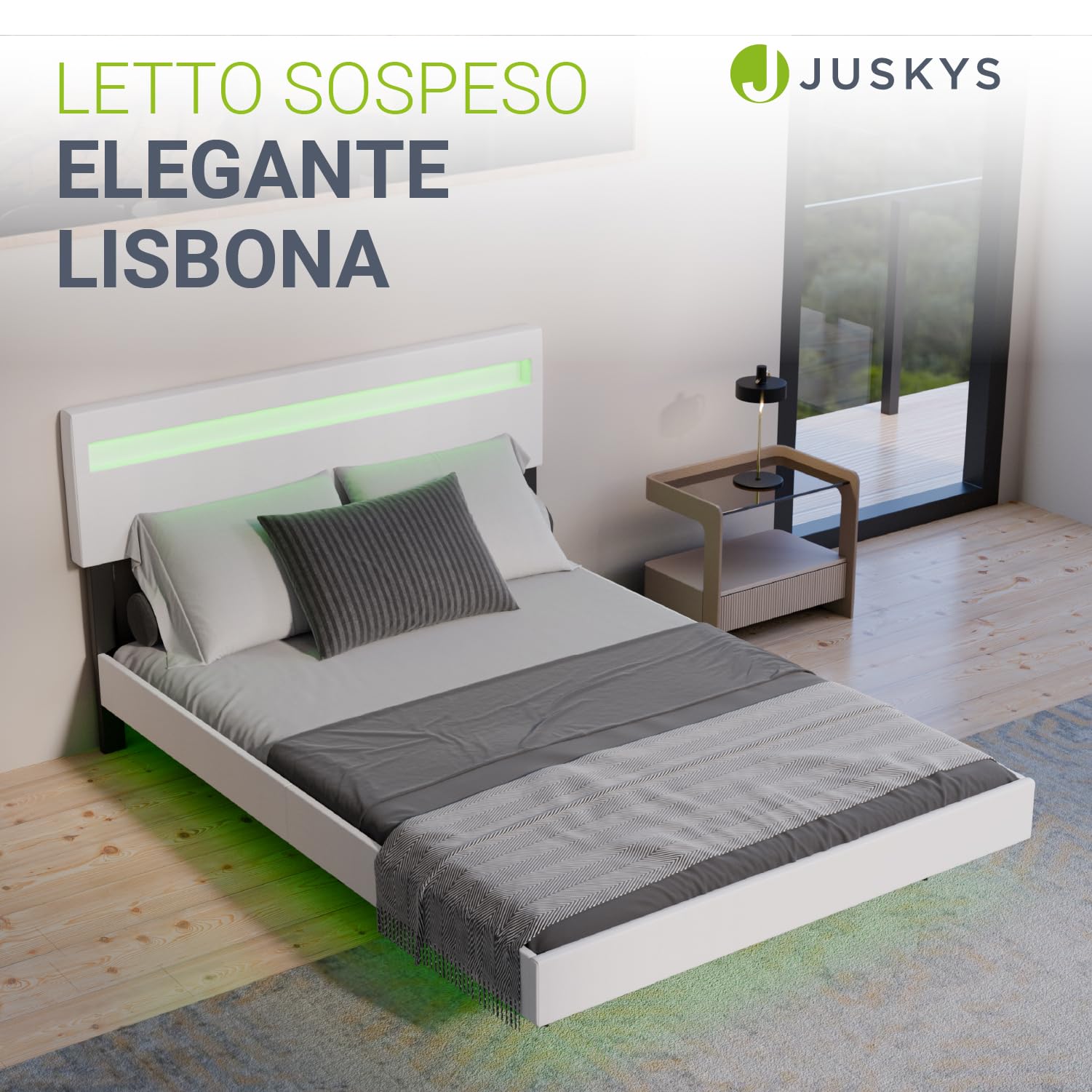 Juskys Letto sospeso Lissabon 140x200 cm con LED, rete e testiera – Design moderno in legno e similpelle – Matrimoniale – Colore bianco