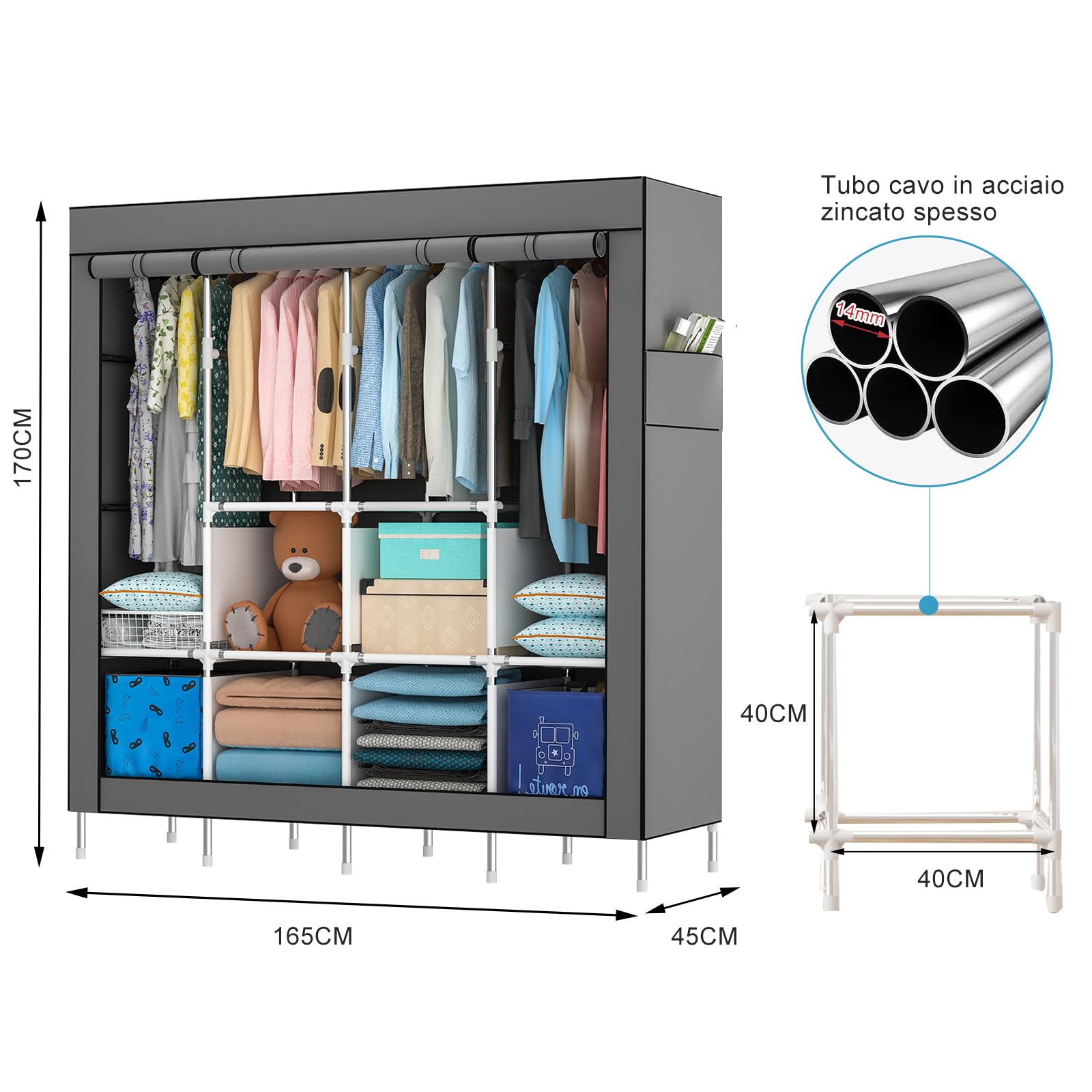 Mihoho Armadio portatile, armadio pensile da 170 cm, appendiabiti in metallo, armadio indipendente con rivestimento in tessuto Oxford, 165 cm x 170 cm x 45 cm (grigio c, Grande)